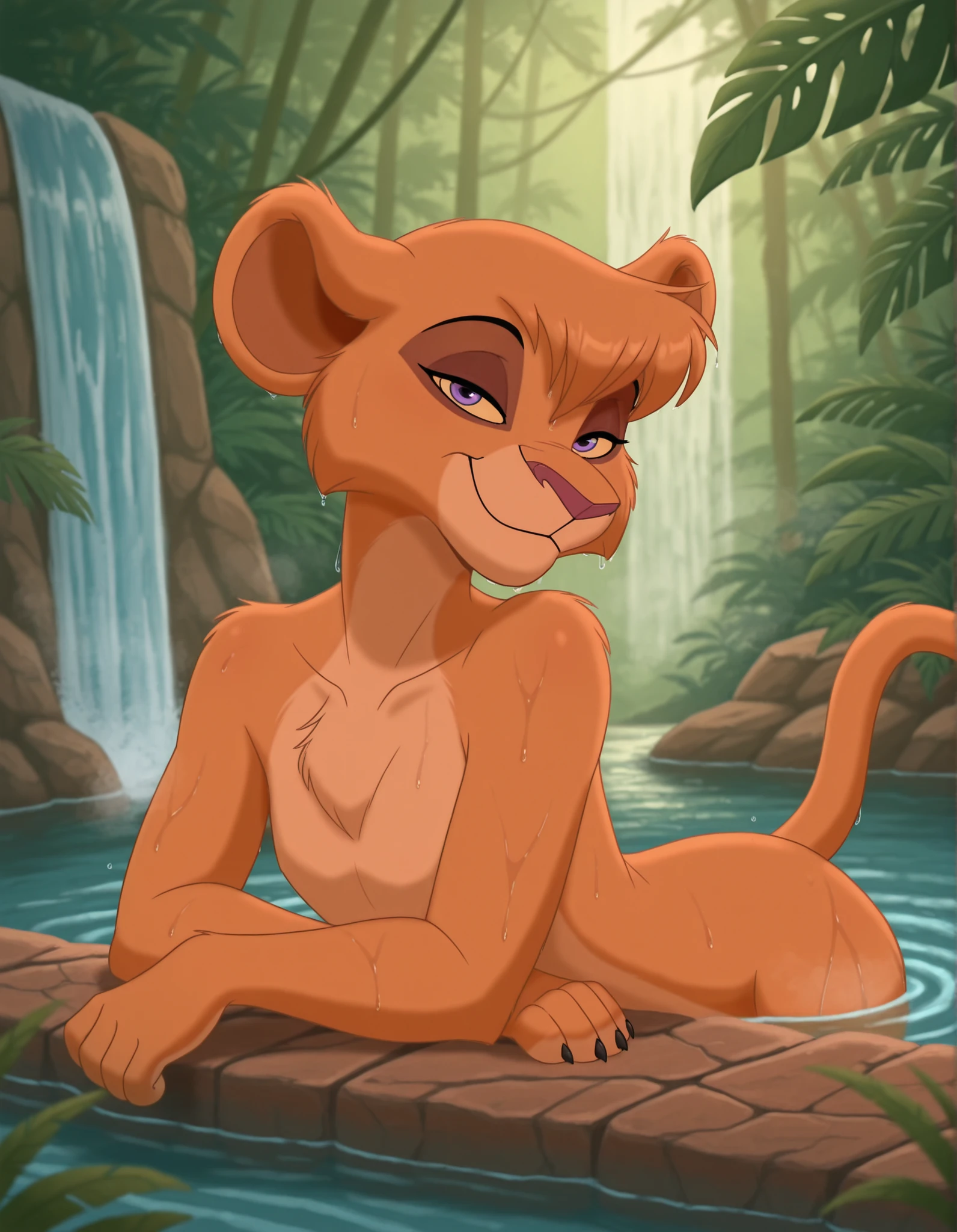 8k, masterpiece, best quality, highly detailed, realistic, 1girl, solo, VitaniTLK, furry, anthro, feline, lioness, brown hair, short hair, yellow sclera, purple eyes, black pupils, dark-pink nose, brown body, brown fur, tan body, tan fur, two tone body, two tone fur, flat chest, young, nude, (partially submerged, waterfall, jungle, afternoon, sunny, outdoors, steam, wet), closed mouth, smile, seductive look, narrowed eyes, looking at viewer, standing, detailed background, side view, water, (arm rest, paws, 5 fingers, black claws)