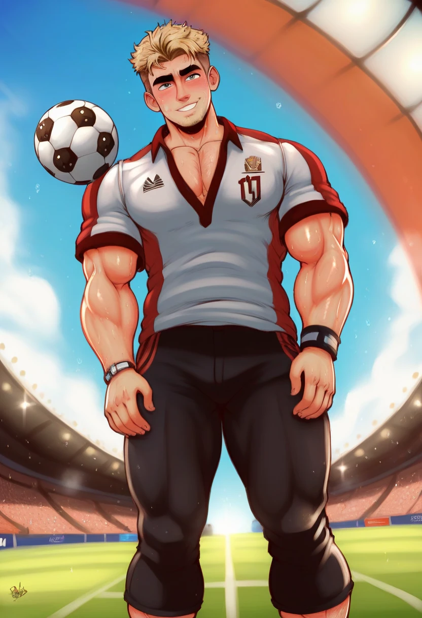Male Alpha male, top, handsome, muscle body, sweating, soccer short bright red football, skating, little beard, gym, in dominant attitude, cock bulge