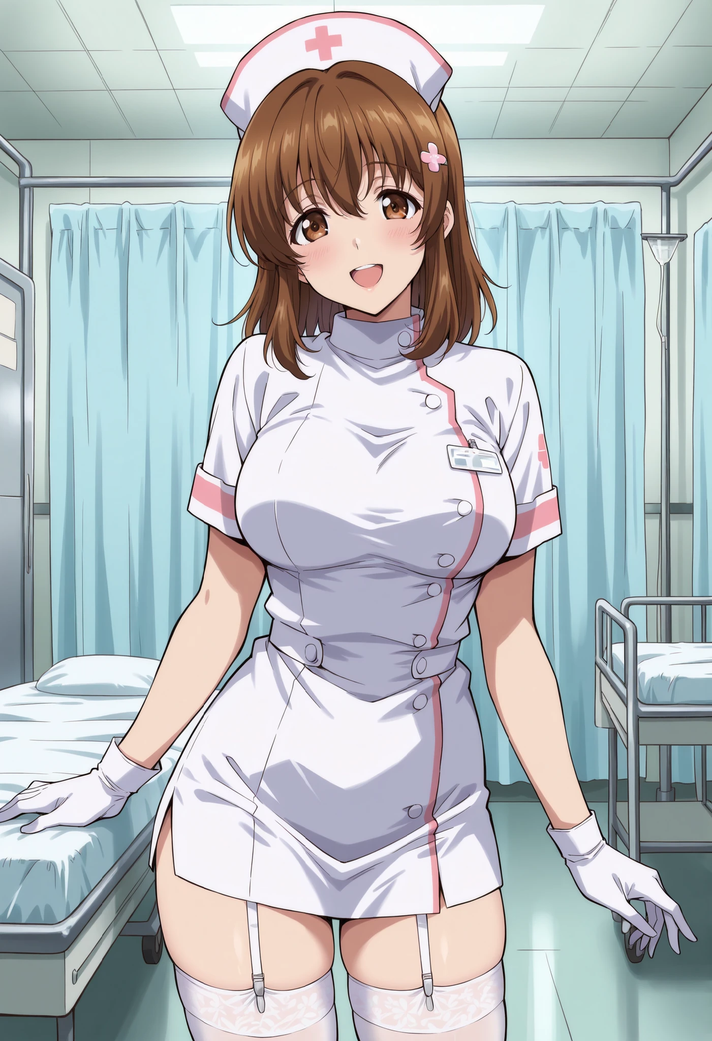 Score_9, score_8_up, score_7_up, source_anime, sudou miu, solo, brown eyes, brown hair, medium hair, hairclip, (best quality), (high quality), {masterpiece}, extremely delicate and beautiful, ultra-detailed, beautiful detailed eyes, nurse, nurse hat, ((white nurse's outfit)), white gloves, white thighhighs, hospital room, smile, open mouth, standing