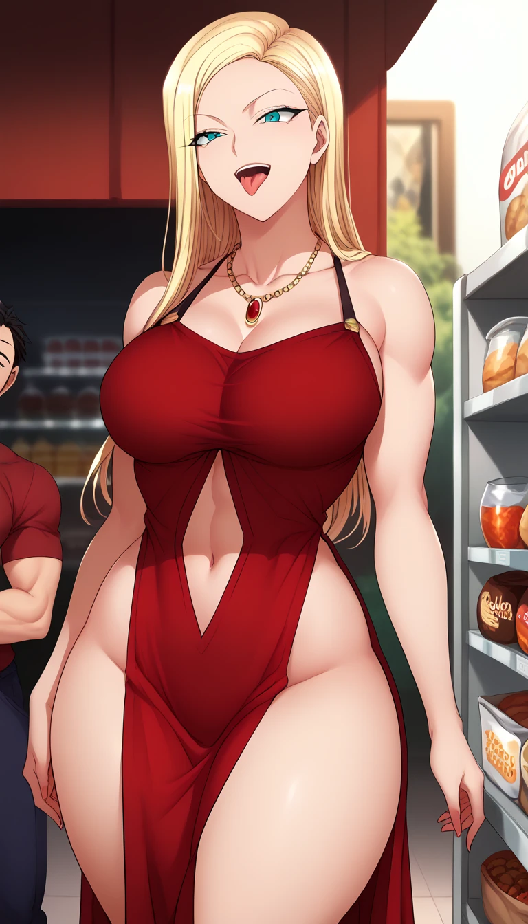 Senju Tsunade, ((Bimbo))), Long Blond Hair, cute smile face, Puffy lips, medium breasts, Painted lips, thick lips, wide hips, thick thighs, Huge ass, The face of craving desire , cleavage, mature mom, at a bbq outside, teasing, summer dress, guy is groping her ass, guy is grabbing her ass, ass being squeezed, view from side
