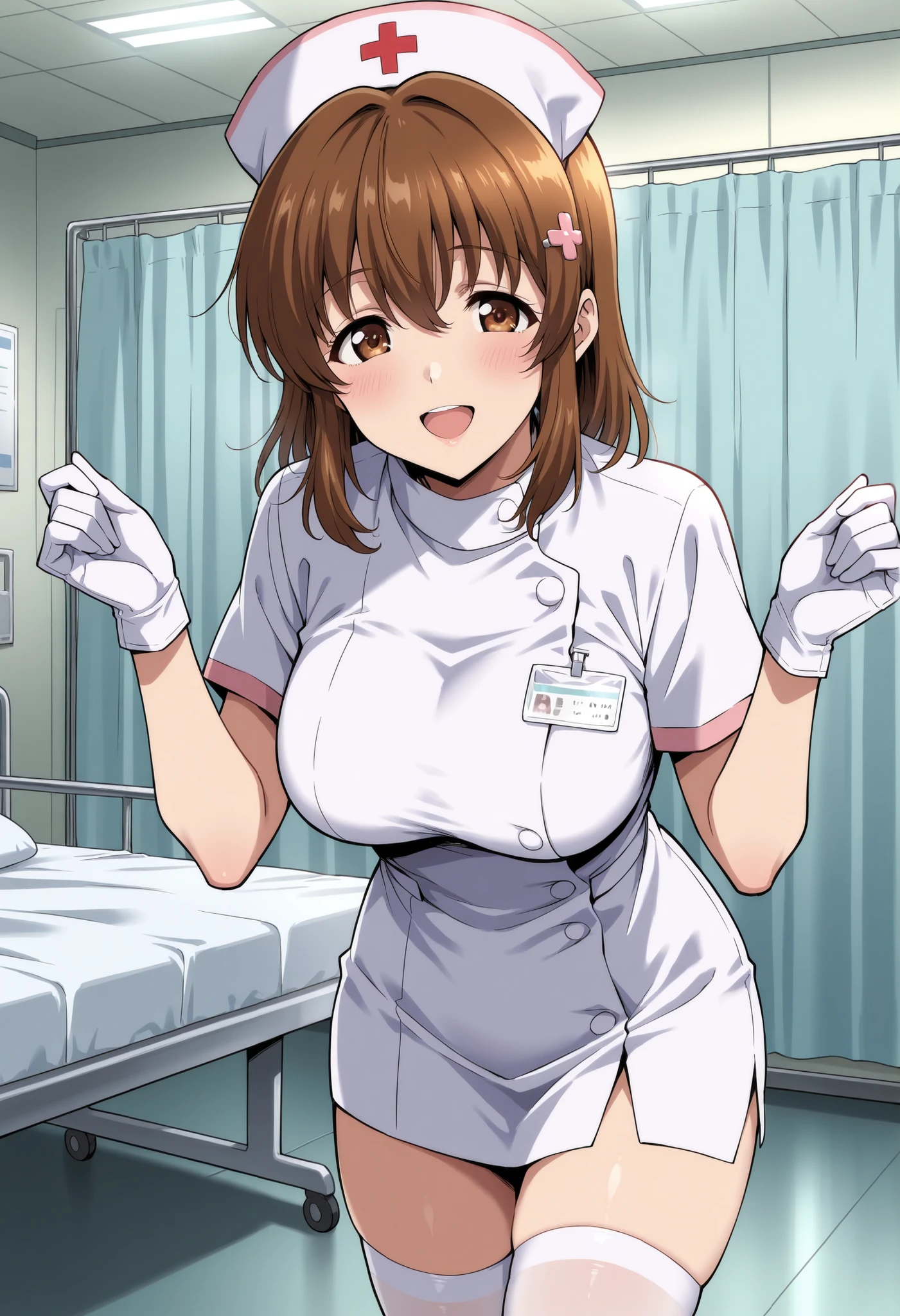Score_9, score_8_up, score_7_up, source_anime, sudou miu, solo, brown eyes, brown hair, medium hair, hairclip, (best quality), (high quality), {masterpiece}, extremely delicate and beautiful, ultra-detailed, beautiful detailed eyes, nurse, nurse hat, ((white nurse's outfit)), white gloves, white thighhighs, hospital room, smile, open mouth, standing