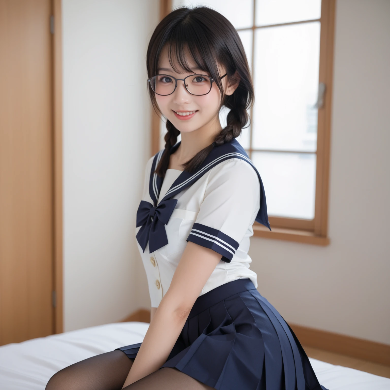 ((1 girl))),((Solo))),Schoolgirl,Sailor uniform,School uniform,Raw photo, frank, Textured skin,(Narrow)),(Sharp eyes),(((Bangs about eyebrows))), (Medium hair:1.2),((Blue panties)),(Watch viewer),Short twin tails, Dynamic lighting, High Resolution,Black Hair, Realistic,Detailed Eyes, Sharp pupils, Realistic pupils, ultra detailed, slender, pale skin, Japan person, glasses, small, flat breasts,young, tall, dark expression, bright black eyes, anger, skirt raised with both hands,slender body, medium build, small waist, wide thighs, photorealistic, best quality, 8k, masterpiece