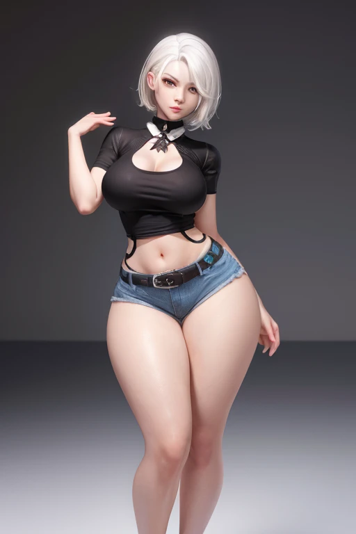 21 years old Japanese beauty with short straight glossy albino hair, in a platinum metallic black and white corset posing, 2 b from nier automata, full body art, pretty face with arms on back of the head, clear blue eyes, full body picture; (body builder and pear figure),sexy hips,albino glossy skin, large breasts,slim waist,curvy hips,feminine figure,aroused expression,Anatomically accurate; absurdres, high res, ultrasharp, Extremely Detailed 8K Wallpaper, Masterpiece: 1.4), (Best quality: 1.4), Natural(Big:1.25), {Best Quality}, ultra-detailed,realistic,photorealistic:1.37, Original,{Extremely Delicate and Beautiful}, (Full body portrait 1.1),