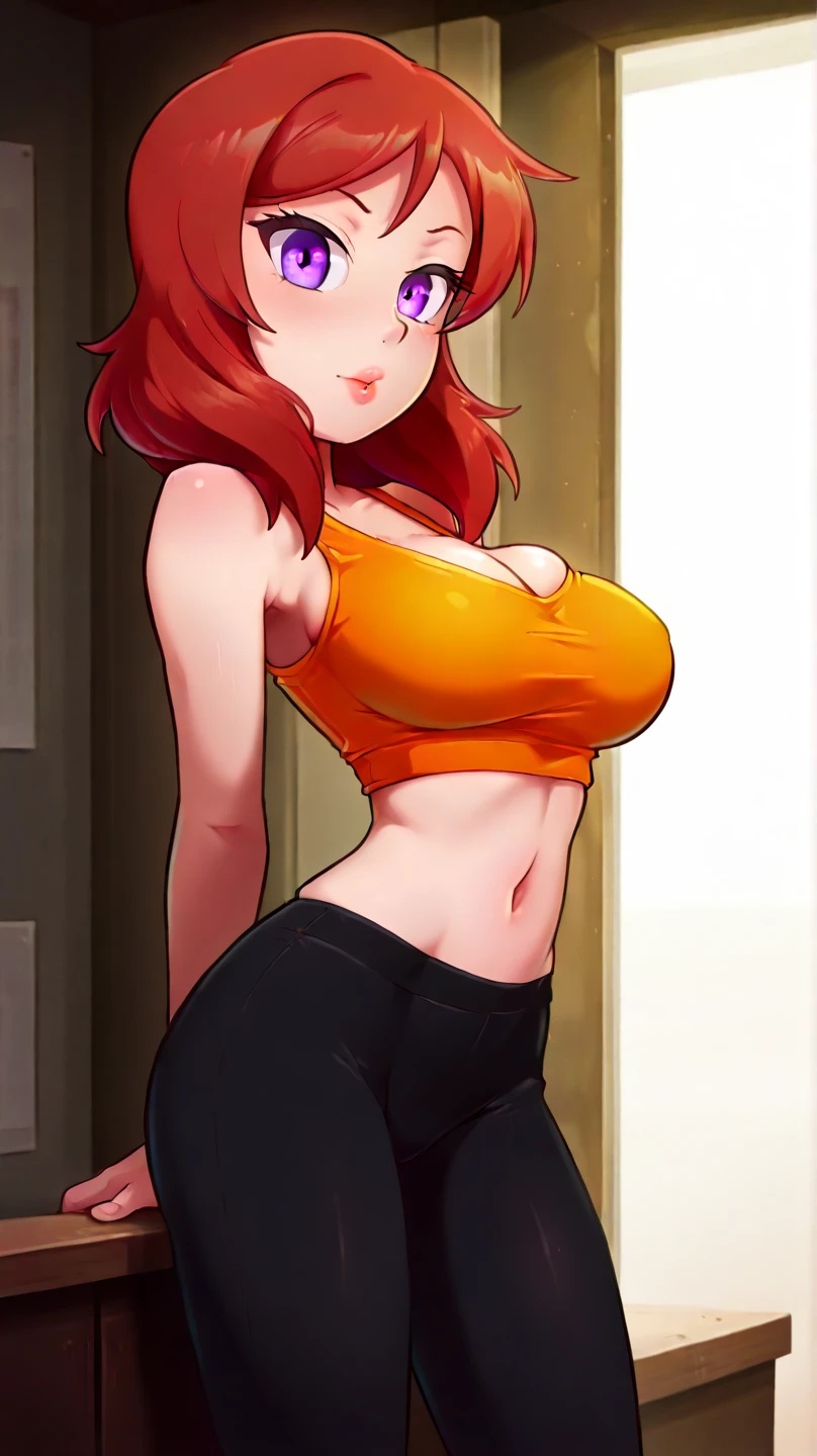 1 girl, (anime), (one piece), Nami, Nami one piece, nami, 1girl, orange hair, beautiful orange hair, big breast, perfect body, feminine body, hot body, nice figure, perfect eyes, beautiful organge eyes, wearing (gym leggings, crop top) matt-gymleggings, mattblack leggings, highly detailed, perfect image, best resolution, high image, max resolution
