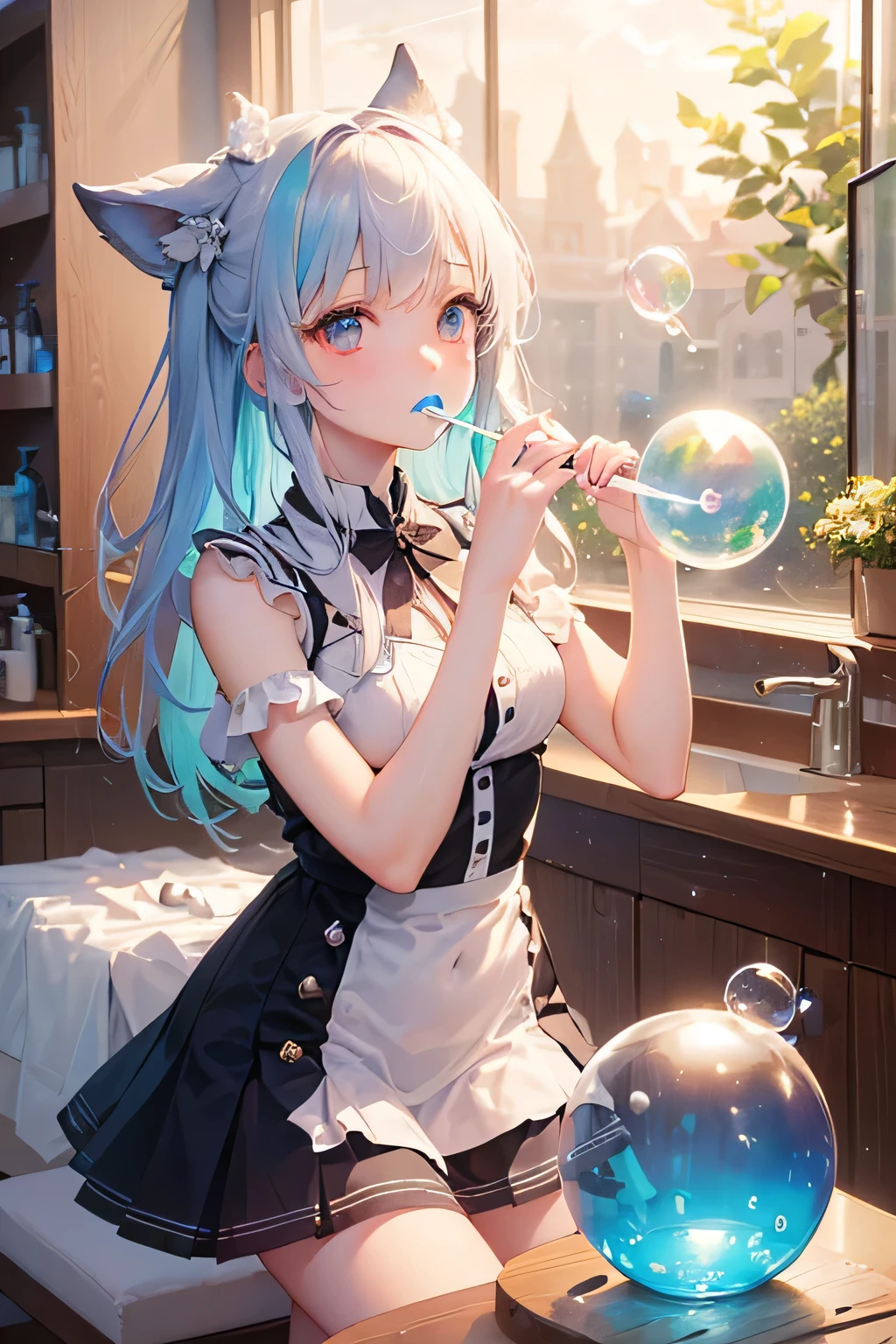 ((masterpiece、Highest quality、High brightness、detailed)) 12k、8k、High Resolution、1girl、独奏、elaina、((Girl blowing a straw、Making soap bubbles))、Hair blowing in the wind、((Soap bubble、Soapy water bubble ball))、((Rainbow-colored ball、A ball made of a thin membrane、Easy to play))、Subtle details