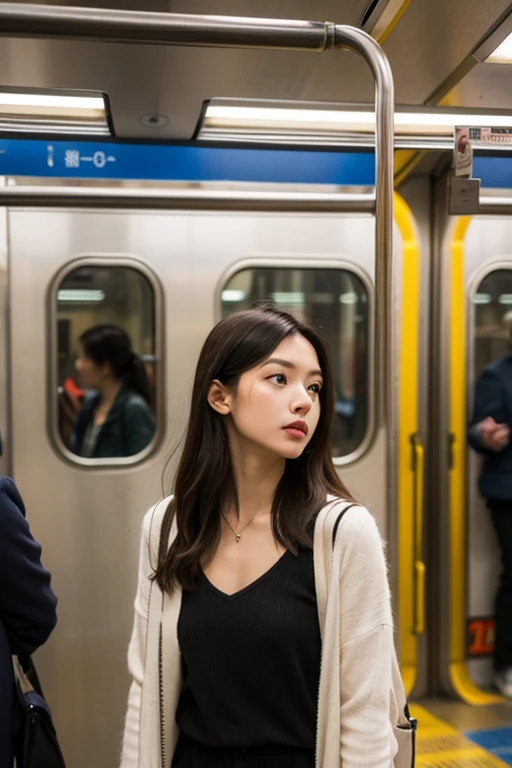tall woman, train, Chinese, long sleeve sweater.