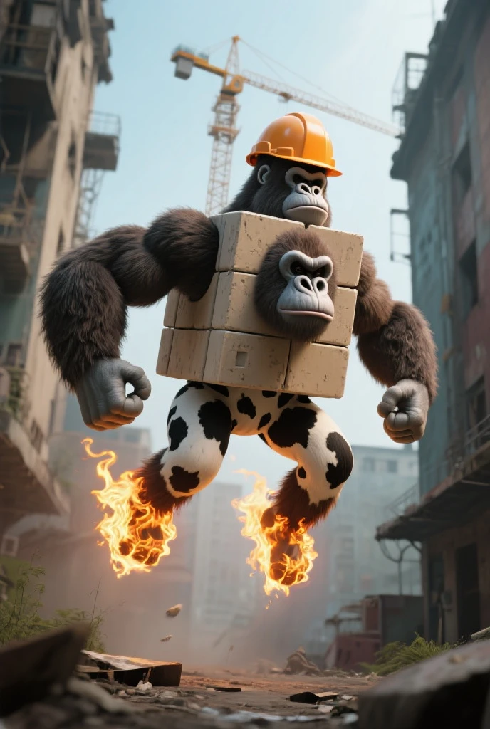 Captured from a low-angle perspective, a cartoon gorilla is standing on a dirt ground. The gorilla is wearing a white hard hat with a green stripe on the top, a black belt with a gold buckle around its waist, and a pair of black sunglasses on its eyes. Its arms are raised in the air, and its head is turned slightly to the left. To the right of the gorilla, there are three tall pillars, each with a unique design on them. The pillars are set against a backdrop of brown sand, and the sun is shining on them, creating a stark contrast to the gorilla's outfit.
