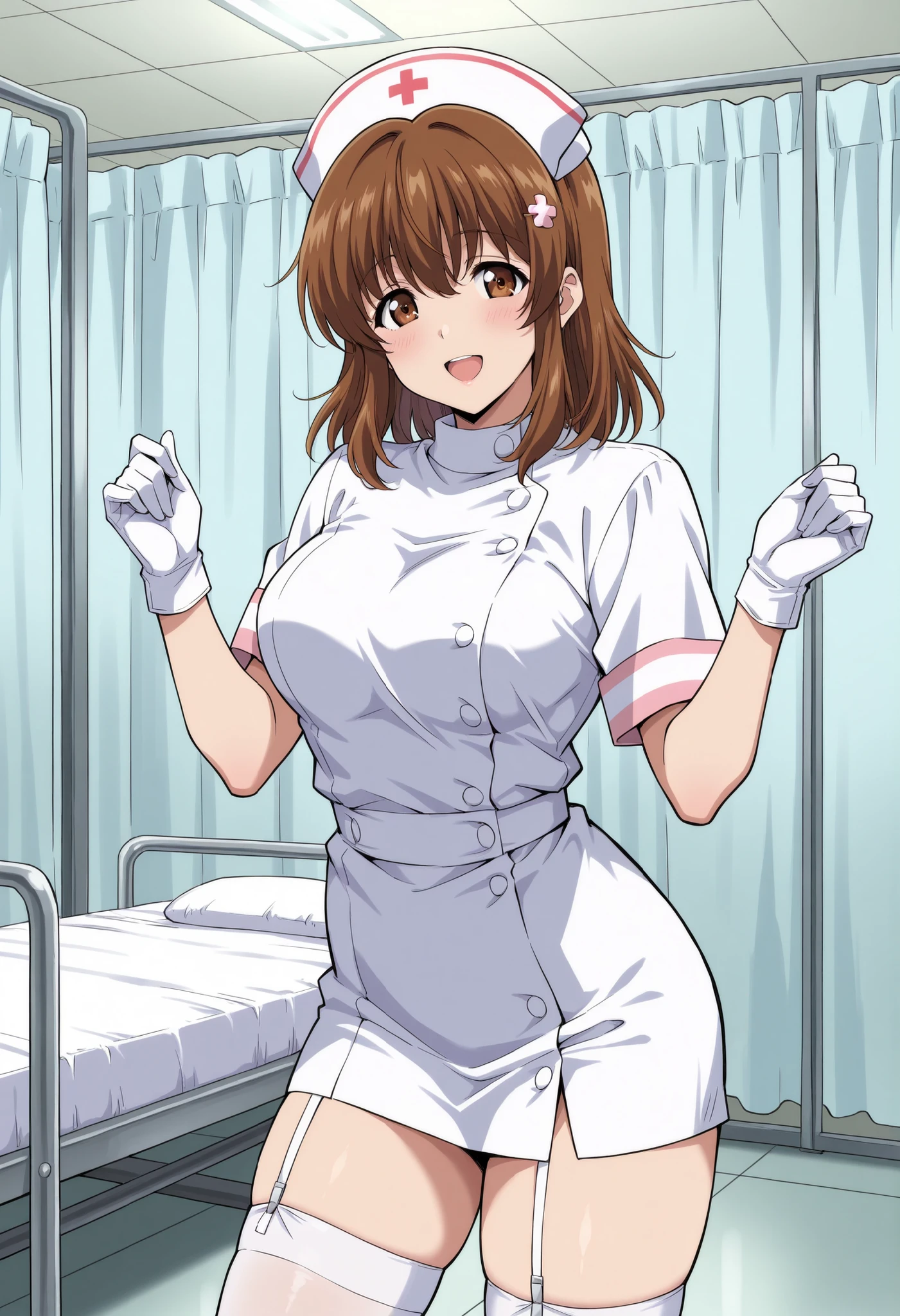 Score_9, score_8_up, score_7_up, source_anime, sudou miu, solo, brown eyes, brown hair, medium hair, hairclip, (best quality), (high quality), {masterpiece}, extremely delicate and beautiful, ultra-detailed, beautiful detailed eyes, nurse, nurse hat, ((white nurse's outfit)), white gloves, white thighhighs, hospital room, smile, open mouth, standing