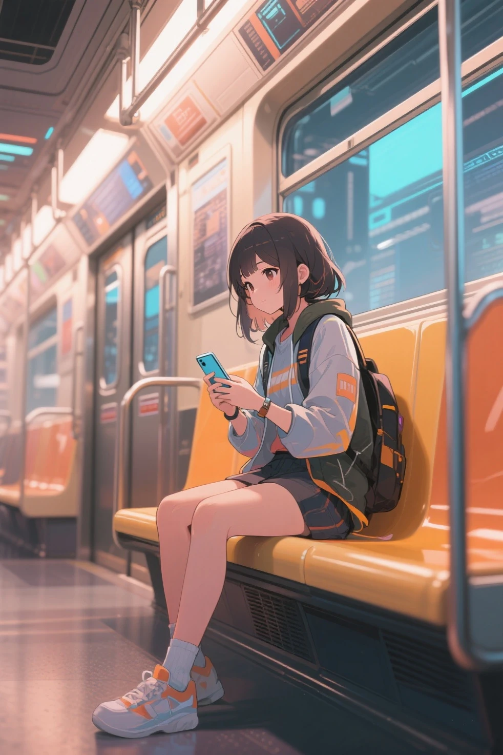 Ultra high resolution, pulling shooting, pulling composition, wide angle, 90s retro style, short-haired woman with brown hair dull bangs is sitting on a bench on a subway platform where the train is not coming, drawing a woman in the center small
Listening to music with your eyes closed and headphones on, advertising backgrounds on the wall, moody lighting, scenes shooting from the platform opposite, wide-angle shooting, high-contrast lighting,