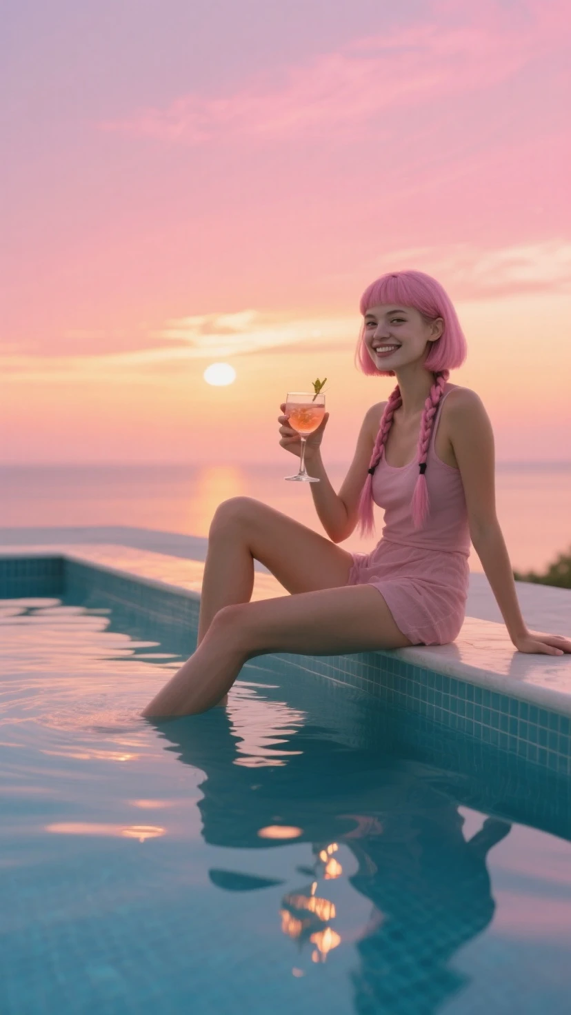  A young woman with long pink hair, wearing a Tankini bikini floral patter, at Maldives lounging poolside on a deck chair in a bikini with high heels, bathed in the warm glow of the setting sun, looking relaxed and comfortable, surrounded by palm trees, swimming pool in the background, a cocktail umbrella on her lap, sandy beach stretching out in the distance, sky painted with hues of orange and pink, dolphin swimming in the distance, tranquil atmosphere, beautiful and serene environment, resort vacation, masterpiece, high quality, photorealistic, cozy atmosphere, jifilm XT3, (Rosto alto e detalhado:1.1), (tons suaves:1.25), (HDR:1.25), (art-station:1.2), (detalhes intrincados:1.14), (hyperrealistic 3 d render:1.16), (filmic:0.55), (Rutkowski:1.1),detailed character, detailed environment.long hair
