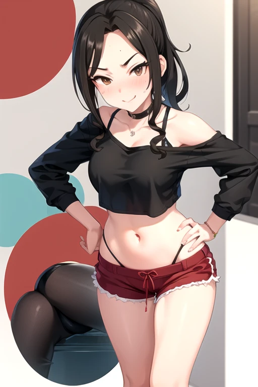 cowboy shot, yor, 1girl, solo, red sweater, off-shoulder sweater, collarbone, black pantyhose, black hair, short hair, short hair with long locks, bangs, sidelocks, white hairband, red eyes, looking at viewer, lift skirt, show panties, closed mouth, blush, smile, closed mouth, bent over, hands on hips, simple background