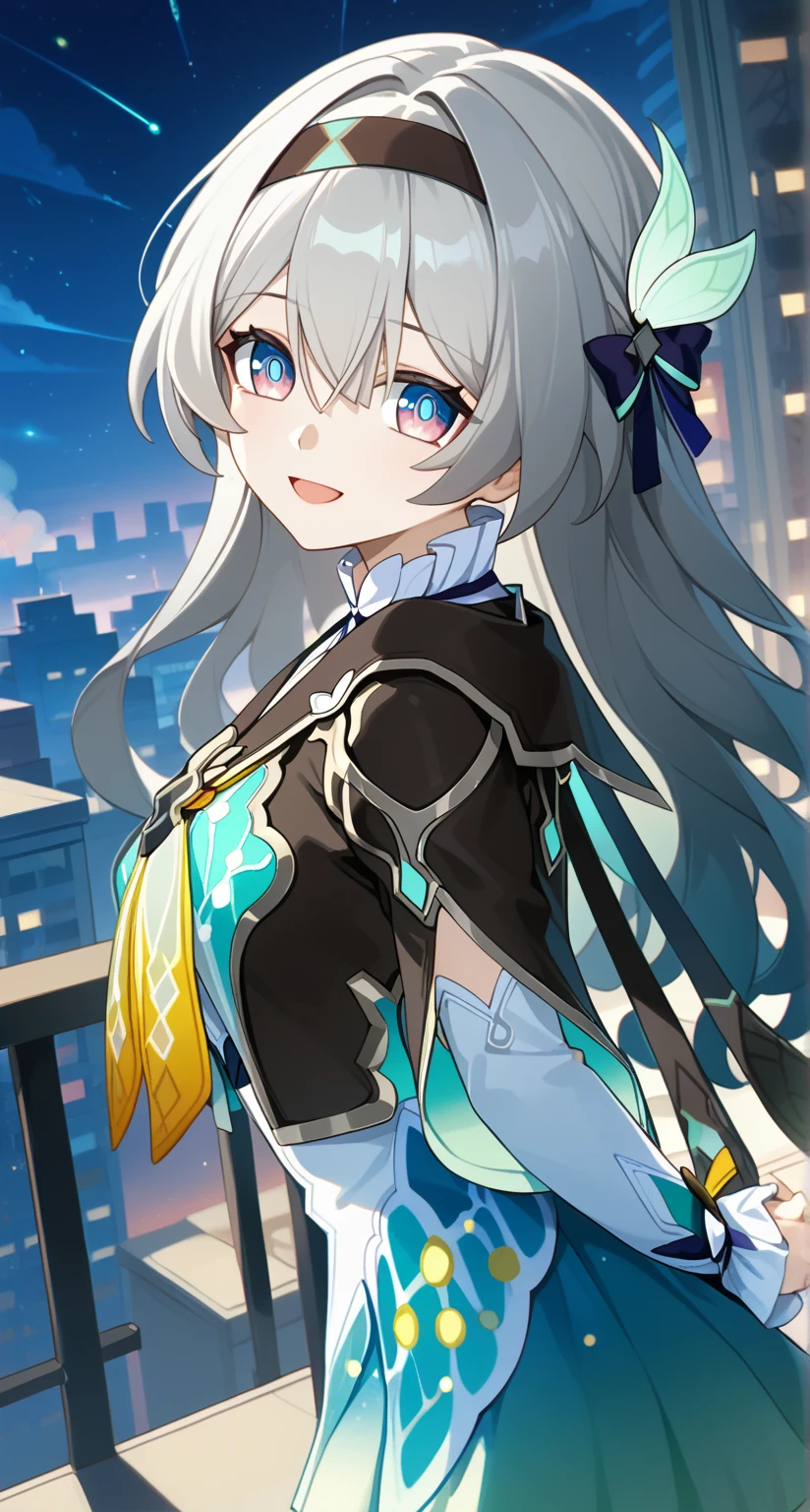 masterpiece,best quality,highres,ultra-detailed,glass cover,alternate color,score_9, score_8_up , score_7_up,dynamic angle,1girl,pretty,(Firefly,Honkai:Star Rail),grey hair,hairband,long hair,jacket,purple eyes,black jacket,white shirt,black hairband,hair between eyes, bow, long sleeves, hair bow,city,rooftop,night,night sky,happy,shiny beautiful woman,cinematic lighting,depth of field,looking at viewer,leaning forward,arms behind back,dynamic pose,