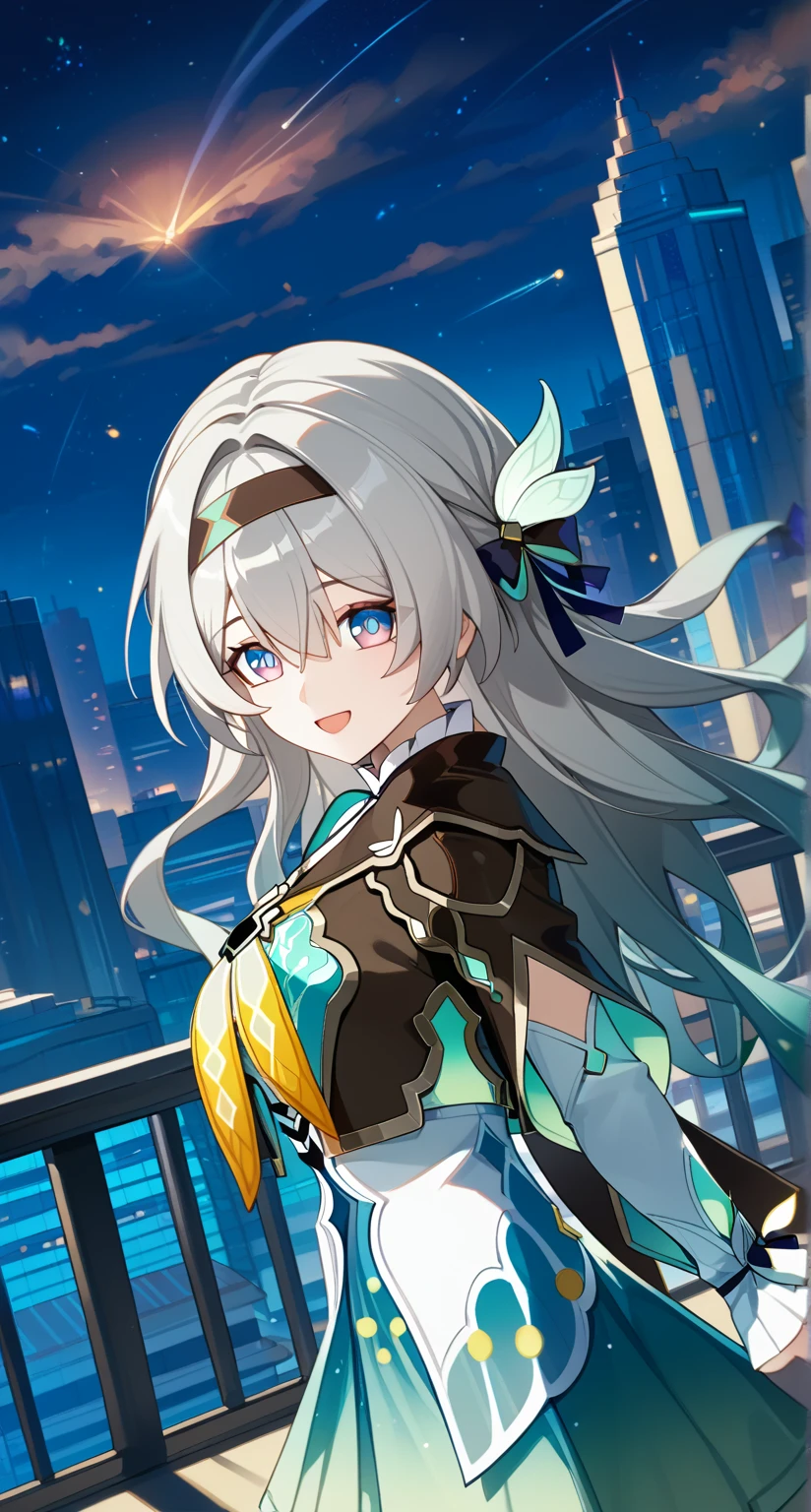 masterpiece,best quality,highres,ultra-detailed,glass cover,alternate color,score_9, score_8_up , score_7_up,dynamic angle,1girl,pretty,(Firefly,Honkai:Star Rail),grey hair,hairband,long hair,jacket,purple eyes,black jacket,white shirt,black hairband,hair between eyes, bow, long sleeves, hair bow,city,rooftop,night,night sky,happy,shiny beautiful woman,cinematic lighting,depth of field,looking at viewer,leaning forward,arms behind back,dynamic pose,