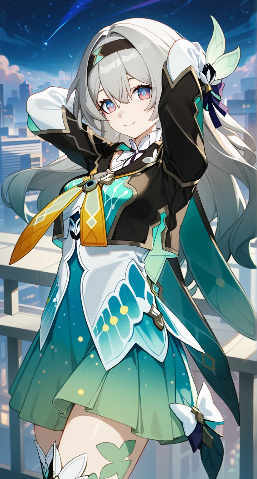 masterpiece,best quality,highres,ultra-detailed,glass cover,alternate color,score_9, score_8_up , score_7_up,dynamic angle,1girl,pretty,(Firefly,Honkai:Star Rail),grey hair,hairband,long hair,jacket,purple eyes,black jacket,white shirt,black hairband,hair between eyes, bow, long sleeves, hair bow,city,rooftop,night,night sky,happy,shiny beautiful woman,cinematic lighting,depth of field,looking at viewer,arms behind head,arched back,dynamic pose,