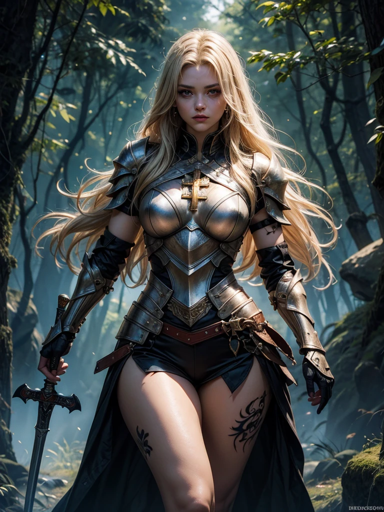 (Best Quality), (ultra-detailliert), (master piece), (hight resolution), (Original), (the Extremely Detailed CG Unity 8K Wallpapers), [:(Face detail: 1.4): 0.4], 16K resolution, 1 girl, 18 years young, medieval setting, (beautiful face, beautiful light blue eyes, long blond hair), (black steel armor, black mini skirt, leather straps on legs, hardened steel, very detailed armor), arrogant facial expression, conceited, confident, decadent (oak forest, giant oak tree, detailed forest in background, sunset background, bright lights, brightly lit), skintight armor, wearing silver necklace, slit cleavage, beautiful silver braclets, knik hips, slim waist, slim body, wears wide silver hip belt with silver buckle, hip belt is adjusted too tightly, hip belt cuts into waist, close up portrait