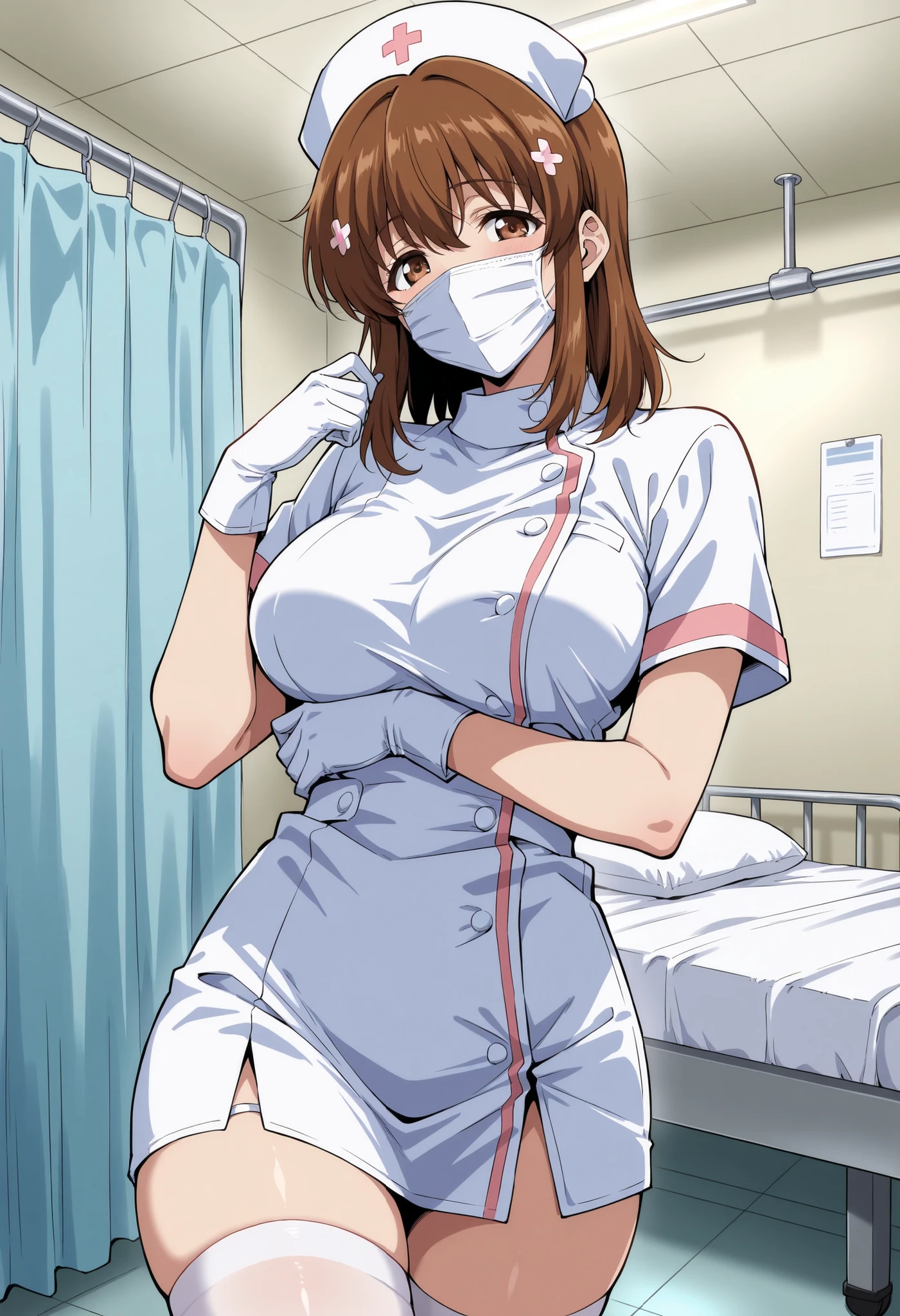 Score_9, score_8_up, score_7_up, source_anime, sudou miu, solo, brown eyes, brown hair, medium hair, hairclip, (best quality), (high quality), {masterpiece}, extremely delicate and beautiful, ultra-detailed, beautiful detailed eyes, nurse, nurse hat, ((white nurse's outfit)), white gloves, white thighhighs, hospital room, ((white mask, mouth mask, covered nose)), standing