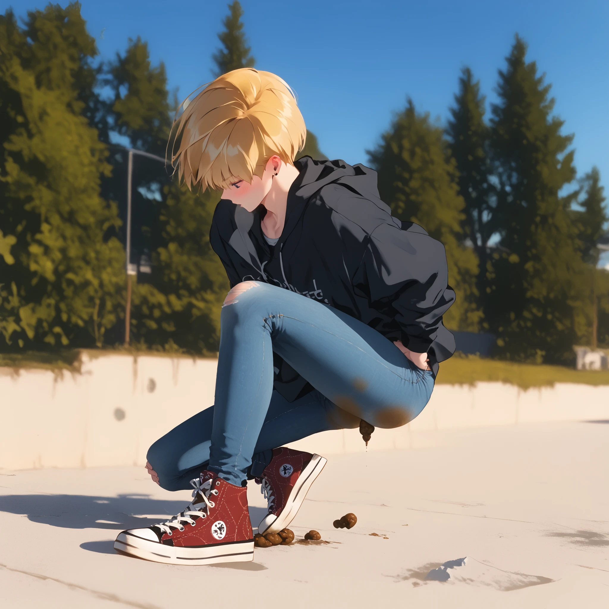 score_9, score_8_up, score_7_up, score_6, (masterpiece), best quality, Slim sporty boy 1boy, wearing hoodie, 1boy, looking down , from above,(is standing ,Legs lowered :1.1), (((Panty Poop ,nsfw, ass with poop)), internal, toilet,(((blush))) break, 1boy, blonde hair, (short bob, crew cut,),, wide shoulder ,thin waist, wide hips, break, (a pair of light blue ripped skin tight leggings jeans:1.8), (converse x-hi shoes:1.7), (((jeans hole Poop ,nsfw, ass with poop))), spread legs