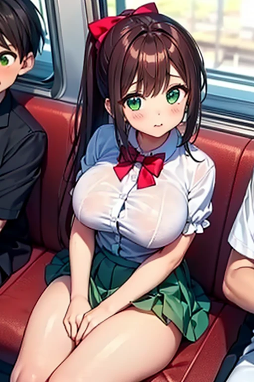 asakura_yume,((woman1people々)),Brown Hair,Medium Chest,Aqua Eye,White skin,nsfw,((crowded train)),((Multiple men)),((Are standing)),(((By Meng_Surrounded by middle-aged male molesters))),(((((((By Meng_A molester grabs my breasts))))))),blush, (surprise),Open your mouth,(((sorrow))),((((Bust up shot)))),(((((green_Summer Dresses))))),nsfw,((valley)),((No bra)),(topless),(Nipples),