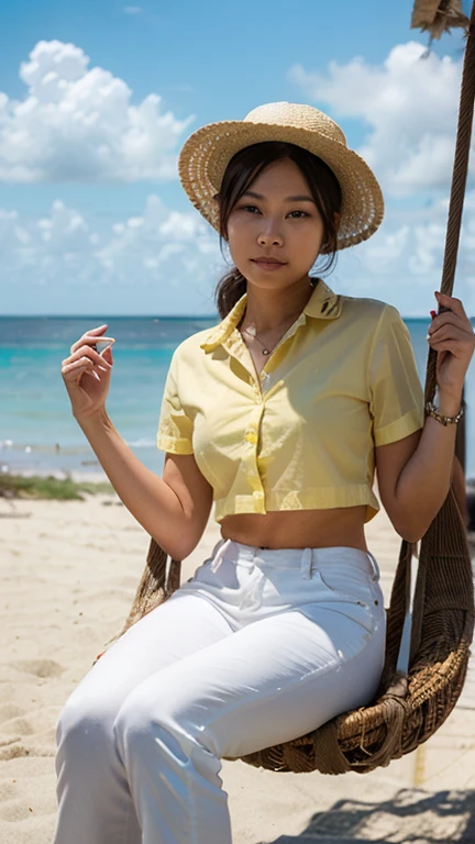 Araffe woman with hat and yellow shirt holding a flag., Colombian, Colombia, 🇨🇴 , 🚿🗝📝, isabela moner, Mujer Colombiana de 18 años., 🤠 using a 🖥, with yellow cloths, in the world cup, Alanis Guillén, 😃😀😄☺🙃😉😗, beautiful lady