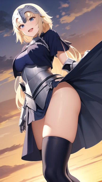 Ultra-high definition image quality、beautiful girl、Female Swordsman、Light armor、Greeboots、Long Hair、blonde、20-year-old、intimidating face、Very short tight skirt、Cowgirl、wilderness、Highest quality,Big Ass、Big Breasts、Thighs、Grasping the hilt of the holy sword Excalibur、Black panties、Jump by kicking off with your feet、Jeanne d'Arc-inspired attire、Wind King Barrier、Her hair is flowing in the wind、The sword of promised victory、god々Wearing a bright aura、Big Ass