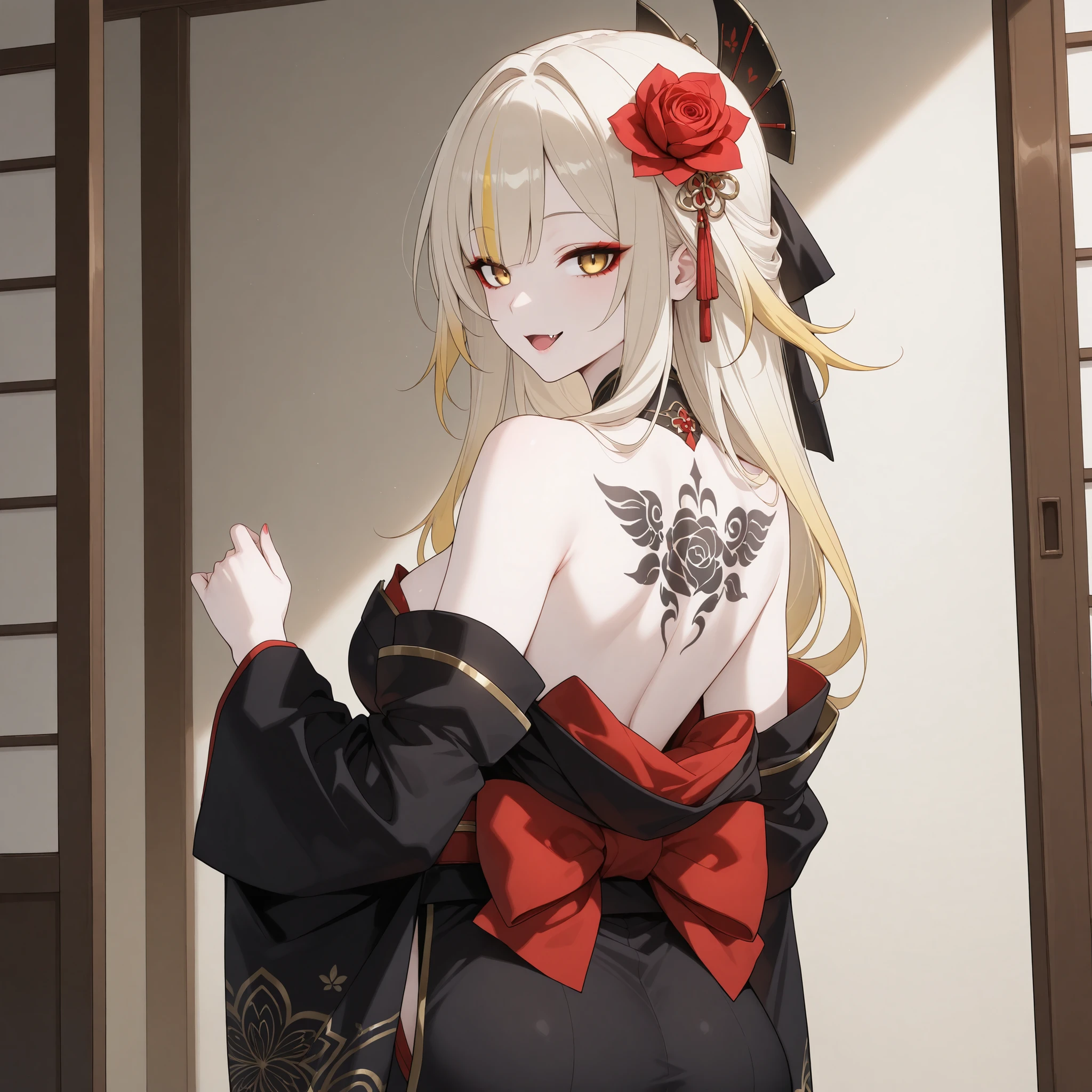 pale-blonde hair, Beautiful, Long Hair, (Rose gradient on hair), Golden Eyes black kimono, cheeky, hair ribbon, alluring, fang, cunning, sly , sexy expression, mature, eyeliner, pale hair, looking back, detached sleeves kimono, open back kimono, (fox tattoo on back), flowy hair, standing, pale skin, lotus flower on hair, yokai