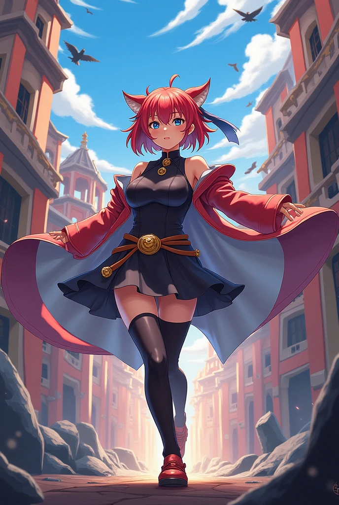 masterpiece, soft shading, 1boy, Furry, furry cat, anthropomorphic, male, red fur, red skin, blue eyes, magical girl theme, revealing clothes, blue magical girl outfit, magical girl dress, sexy outfit, femboy, sexy pose, uploaded on e621, city, day time,