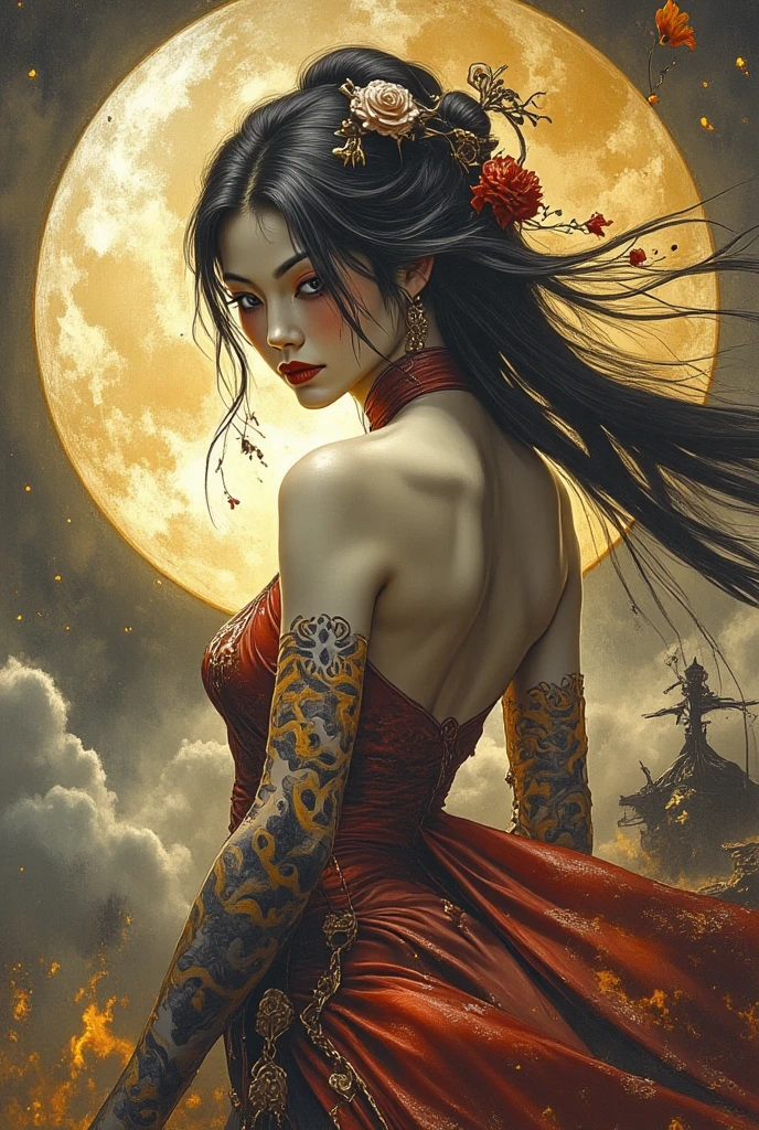 arafed woman sitting on a ledge in front of a full moon, as illustrated in top cow comics, zenescope, martin ansin, j scott campbell, frank cho, martin ansin artwork portrait, dan mumford tom bagshaw, a beautiful artwork illustration, oriental fantasy, j. scott campbell, full color illustration, by Galen Dara