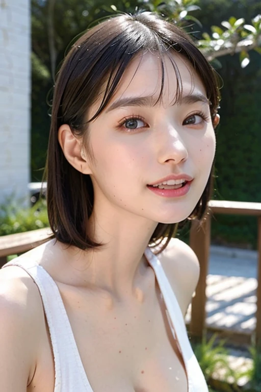 (8K,Raw photography,top-quality,masterpiece:1.2),high-definition RAW color photography,professional photograpy,(realisitic,photoRealstic:1.37),ciinematic light,1girl in,A smile,Upper body close-up,Overflowing breasts,huge-breasted:2.0,,Breasts overflowing from clothes,Sexy Bikini,short cut hair:1.5、(Beautiful skin:1.5)