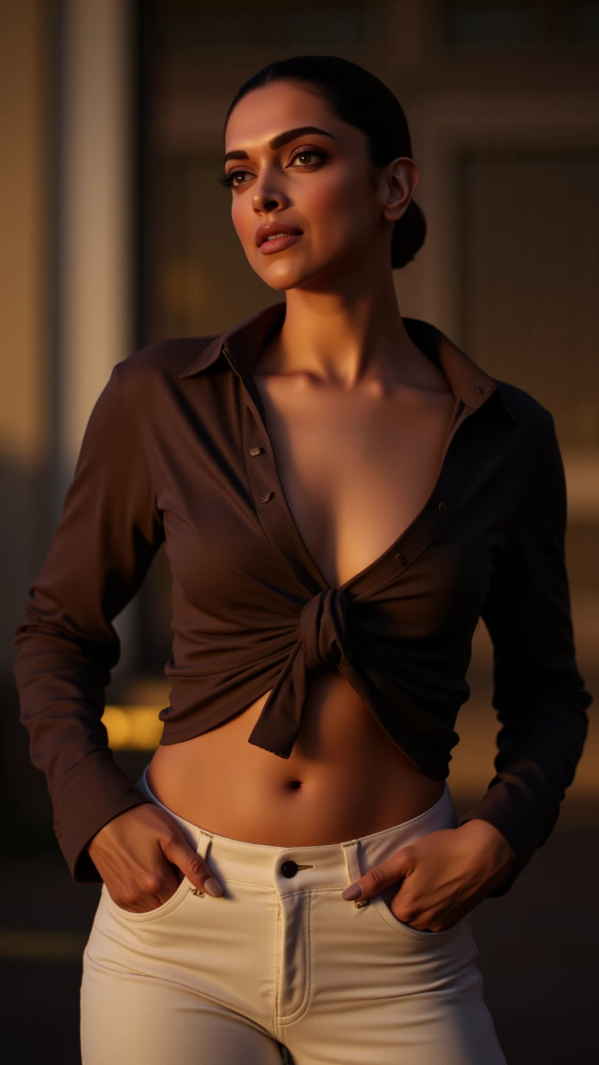 a beautiful black woman in a white silk shirt with a deep v-neck, wearing a business suit, a red lace bra peeking through, and a pencil skirt, with black afro cornrows hairstyle, (best quality,4k,8k,highres,masterpiece:1.2),ultra-detailed,(realistic,photorealistic,photo-realistic:1.37),intricate details,dramatic lighting,chiaroscuro,high fashion editorial,glamorous,cinematic