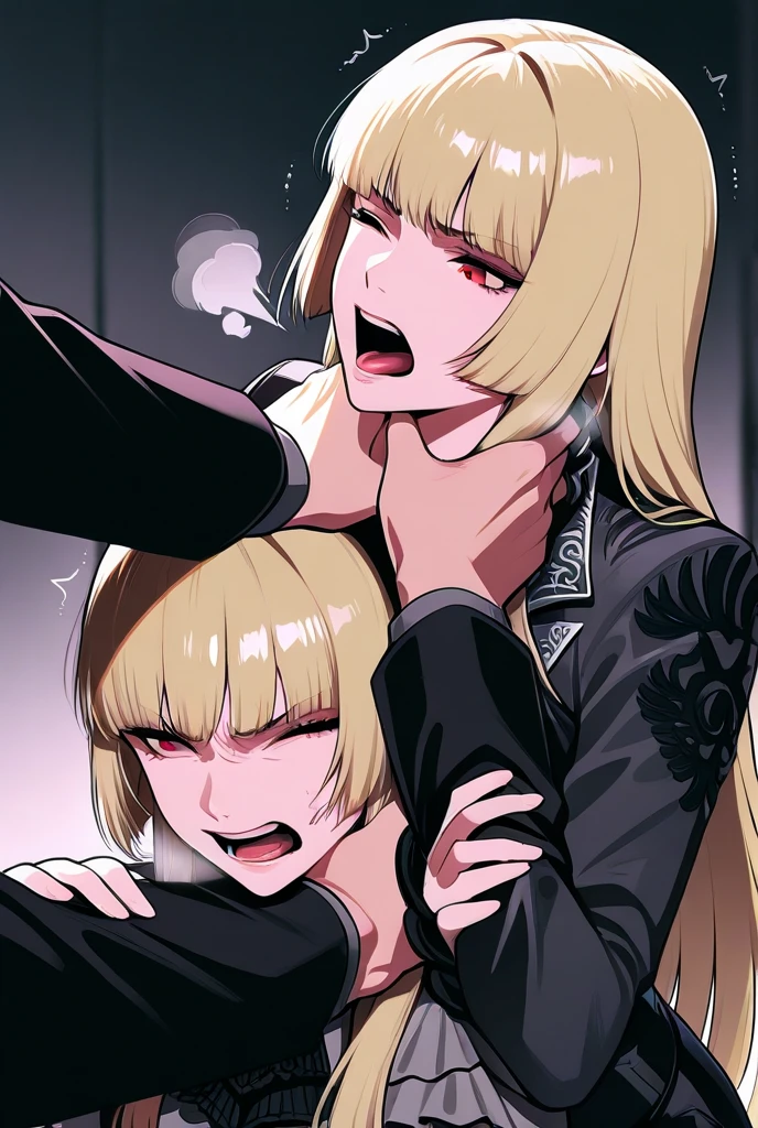 <lyco:tasteofaliar-08:0.7> tasteofaliar, blue eyes, blonde hair, black hair, hair ornament, braid, male focus, sweat, multiple boys, 2boys, parody, bob cut, yaoi, style parody, araki hirohiko (style)