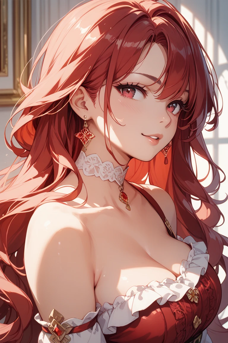 (masterpiece, top quality, very aesthetic, 4k、illustration), intricate detail, 1woman,solo,contrapposto 、(gradient eyes、tareme)、Strong glowing eyes、parted bangs,Fair skin,(upper body)、Cool women、Cleavage、 smile、(red lipstick),beautiful face、(gradient hair)、(dark red hair)、(curly hair),sidelock ,parted bangs,red eyes、halter top Victorian Dress、medium breasts、slender 、