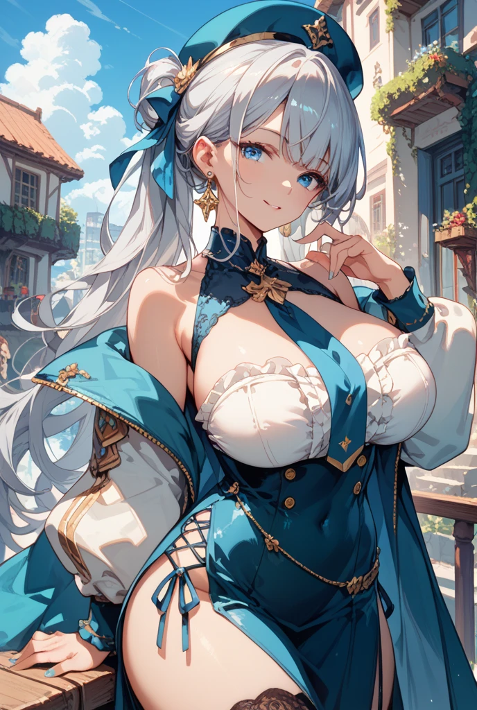 beautiful woman,Folk Girl,Long, white hair with blue eyes,I have a long braid on the right side.,She wore a strapless white dress with no straps.,wearing a white coat,countryside,countryside,beautiful scenery,European Middle Ages,smile with teeth,forehead,forehead exposed,big tits,rift, (Elf Princess),(2 young women ,beautiful woman)