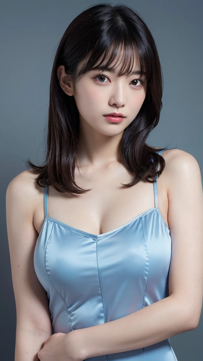 Interesting perspective [Young japanese lady]. kawaii faces、Young face、large full breasts、A translucent dark blue chiffon dress against a calm background.、Makes you feel as calm as a starry sky、Tilt-shift effect. Shot with Fujifilm GFX 100