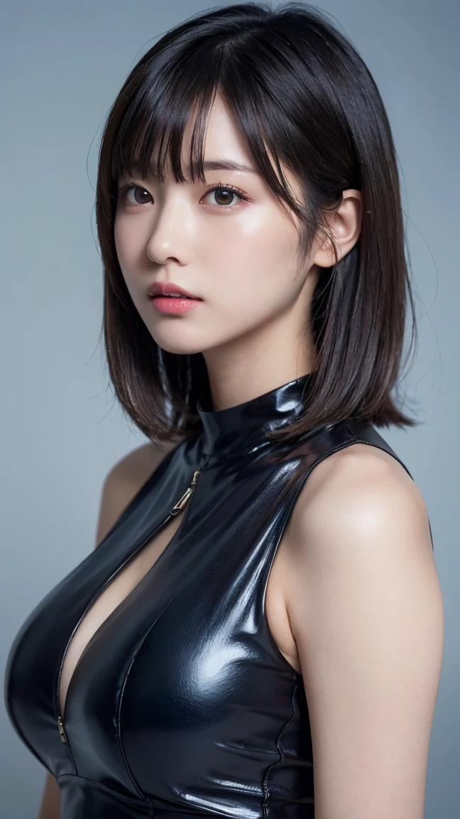 Gray background、Photo studio、Rubber textured shiny green leather blazer suit、Rubberized shiny dark red T-shirt、Cleavage、（Large Breasts:1.4)、Japanese、Gravure idol、Cute 20 year old girl,Black hair in a ponytail, masterpiece, 最high quality, 超high quality, high quality, High resolution, 超High resolution, Absurd, 4K, 8k, 16K, Very detailed, Realistic, photo Realistic, RAWphotograph, photograph, Super Fine Illustration,Beautiful Face、Realistic Face、(Ultra detailed hair)、(Ultra-detailed eyes)、Beautiful details、Realistic Skin、Perfect Anatomy、(Detailed skin)、Beautiful Skin、Charm、Ultra high definition、Ultra-realistic、Correct Anatomy, Perfect proportions
