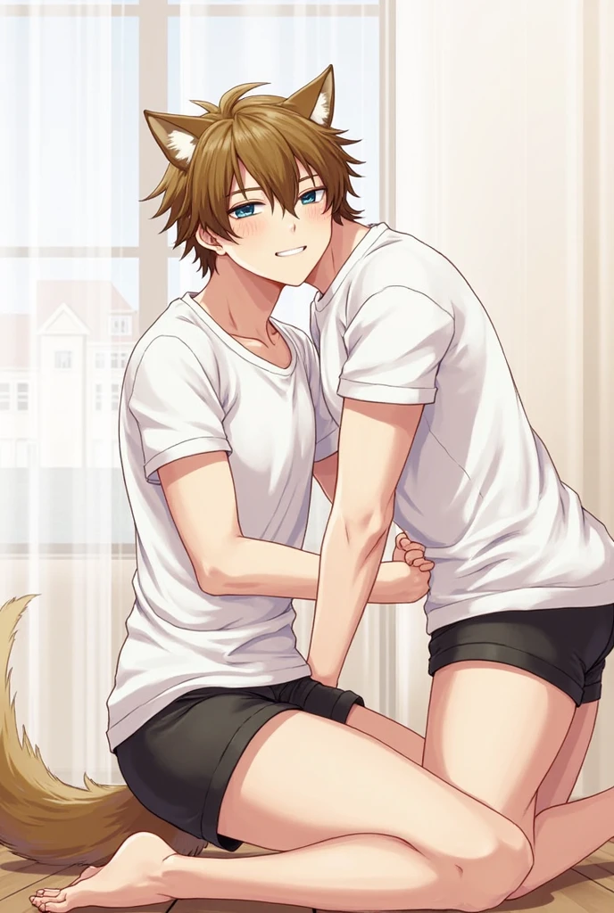 masterpiece, best quality, 1boy, fullnude,erect,bed, bedroom, all fours,looking_at_viewer, on_bed, penis, pov, realistic, tongue, tongue_out,((The human)),shoun,Shota,fullnude,fake dog ears,dog collar,fake dog tail,face excited,