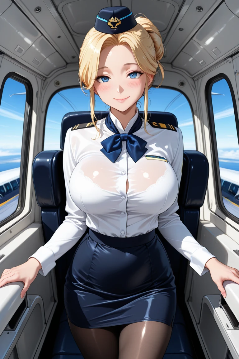 Sony Alpha a7 III photograph. 1960s 19yo Blonde pin-up girl, air stewardess, short skirt, big natural breasts, wide open top exposing tits and nipples, tanned skin, vintage airliner cockpit