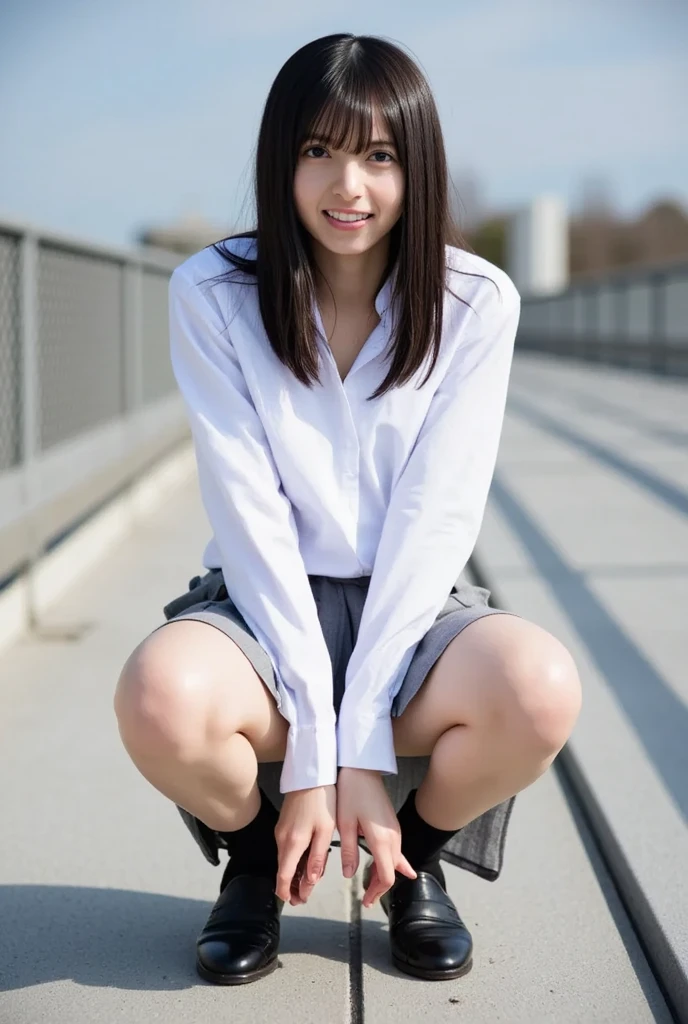 a blond、A smile、surrealistic、top-quality、 超A high resolution、Nikon Z 85mm、(｛（Raw foto:1.2）｝)natural soft light、profetional lighting、
realisitic、Super live-action、Photorealsitic、The crotch is visible、｛front-facing view、Angle from below｝
（｛｛Hands are out of the angle of view｝｝）（I can't see my fingers）portlate、Cute high school girl、
both legs are bent、Toes are on the ground、legs are spread in an M-shape,、I can see my panties.、Delicate thighs visible from the front、
Japan schoolgirl uniform、White panties visible from uniform miniskirt、（Panchira）School Uniforms mini Skirt、Perfect raw legs、delicate legs、
perfectly proportions、A sexy、Chest visible、
Squatting deep in the city、Show me your pants around town、
ulzzang -6500-v1.1, Well-formed face、perfectly proportions、Well-formed fingertips、
Cute high school girl、 Beautiful face in every detail、Realistic human skin、Provocative facial expressions、Semi-long、smooth hair、de pele branca、light skinned、 （hyperdetailed face、（very detailed lips、｛round and detailed eyes｝二重まぶた、Moist eyes、Very delicate eyebrows、）） （Strong-minded、（childish、pure、Attractive woman、charmed、glamor、Victory、Cheeky、glad、kawaii、Good aroma、））