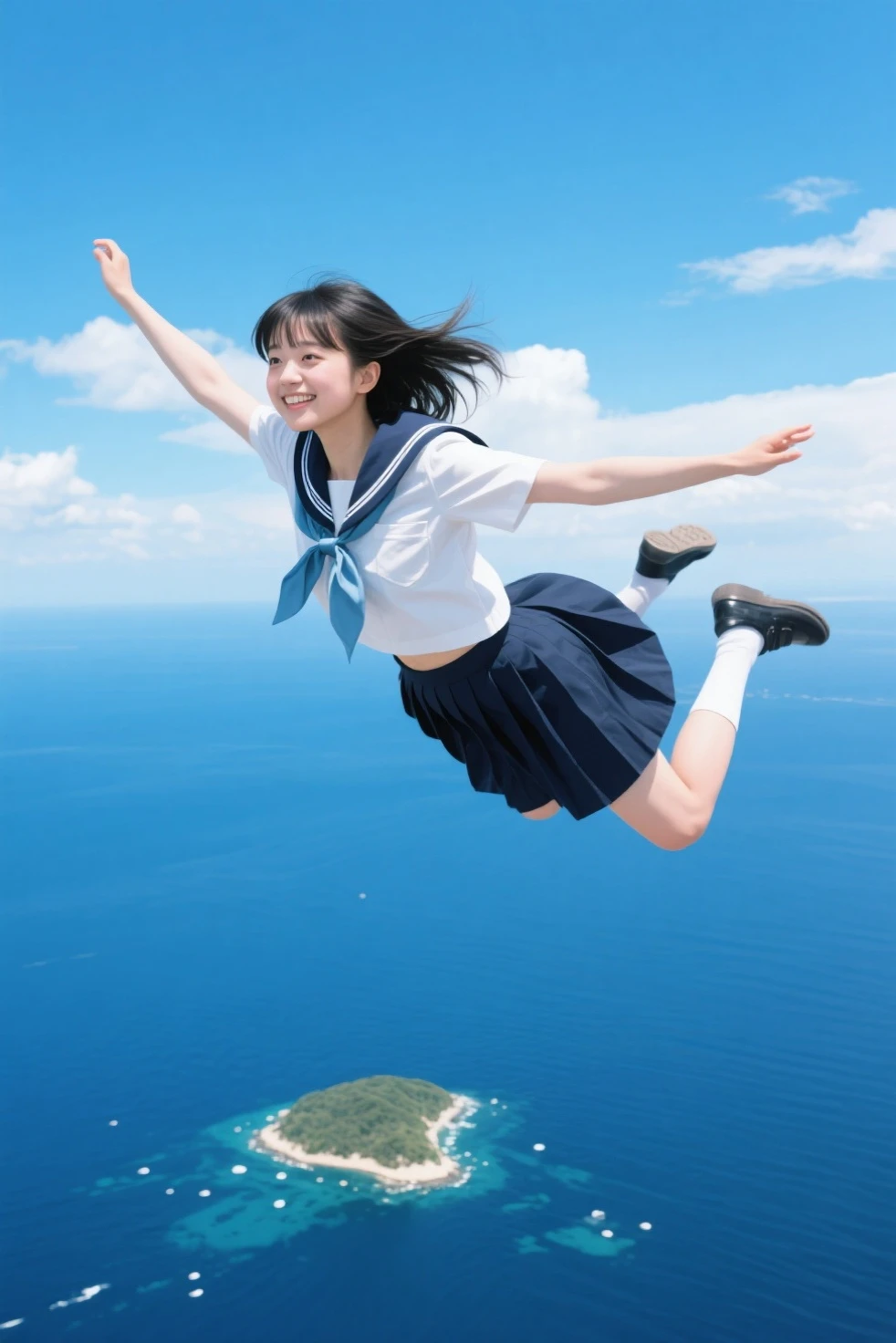1girl,masterpiece, 12 years old;beautiful girl、8K quality, High definition, realistic pictures, professional writing, There is a woman jumping in the air from underwater to the sky., ((A pose that looks like dancing with the face facing upwards)), face upwards, dance in the air,artistic swimming, jump towards the viewer, jump towards viewer, she is floating in the air, jump into the air, jump on the audience, jump, jump with arms up, floating in the air, floating on the ground, Jump for joy, jump pose, horizontally jump!!!, wearing a sailor suit, high school girl,((Big wave crashing down)), ((Splashes of water splashing from the body)), Clear blue sky and white clouds, Sunlight flares