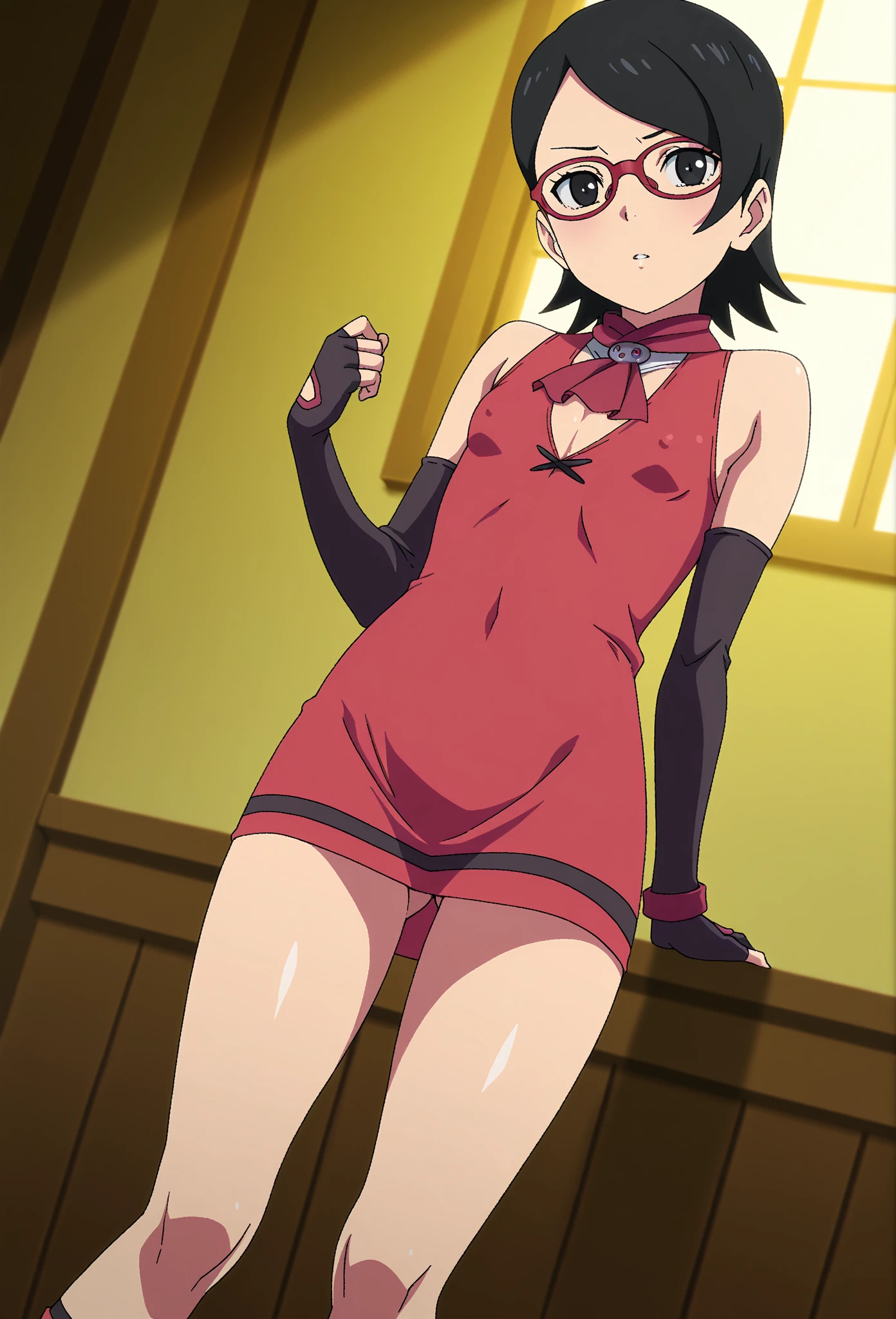 (((Stretch your arms straight up and show your armpits、Crouching with legs apart)))(((Very small panties、White panties、Thick pubic hair)))(((Angry face、Glare)))(((Small breasts、Exposing breasts、No bra)))1 Female，hanakosan,White Dress,Red neck ribbon,Black Hair,short hair, White shirt,Red suspender skirt,Red Skirt, Under the skirt, Panty shot, Detailed legs 、（masterpiece： 1.3），Beautiful mature Japan woman， Detailed fingers， Beautiful Hands，  1 Female， Highly detailed face， Detailed lips， Fine grain， double eyelid， Visible curves，Whole body 1:1，(((NSFW、Naughty pictures)))