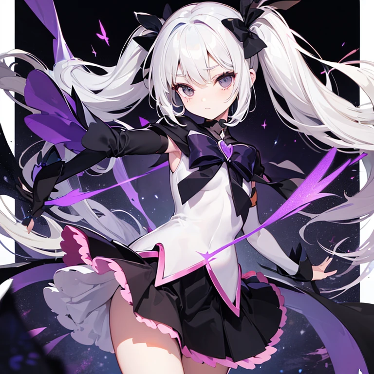 Twin-tailed girl with white hair。The eyes are purple with a piercing eye。Cool impression。Smiling。Monotone clothing。