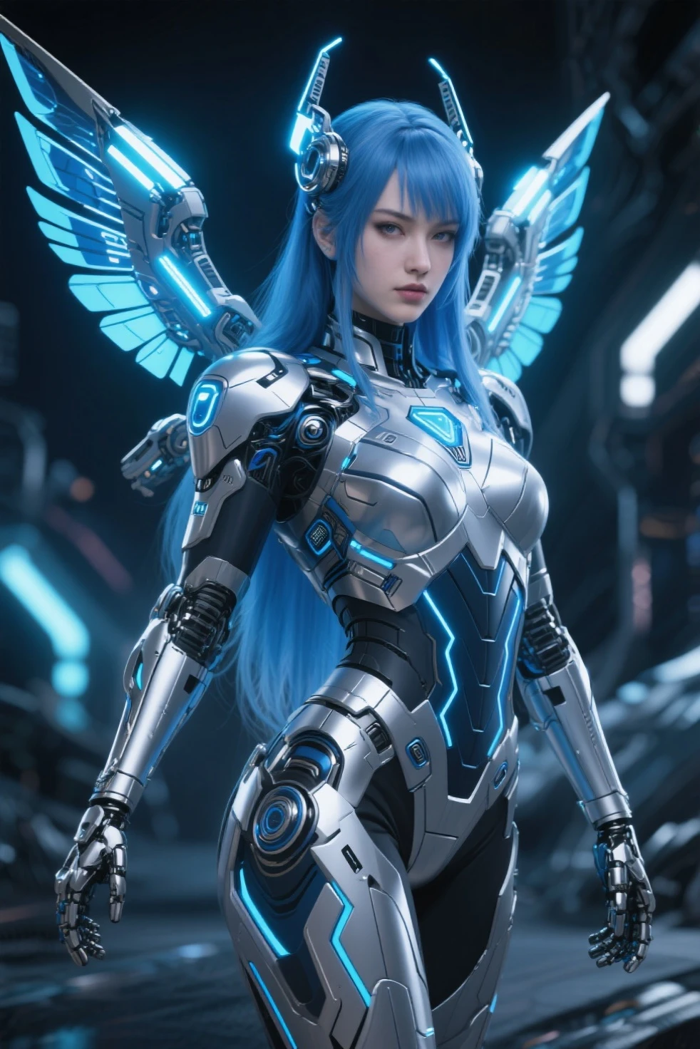 (8K UHD: 1.29), RAW photo, best quality, masterpiece, ultra-high resolution, color, (realism: 1.4), original photo, lively texture, (creamy smooth skin),1girl figure, in a blue outfit with wing-like extensions, standing next to a blue and black robot, Ai-Mitsu. Mecha-inspired concept art with a futuristic aesthetic, dynamic pose, intricate details, vibrant electric blue color palette.