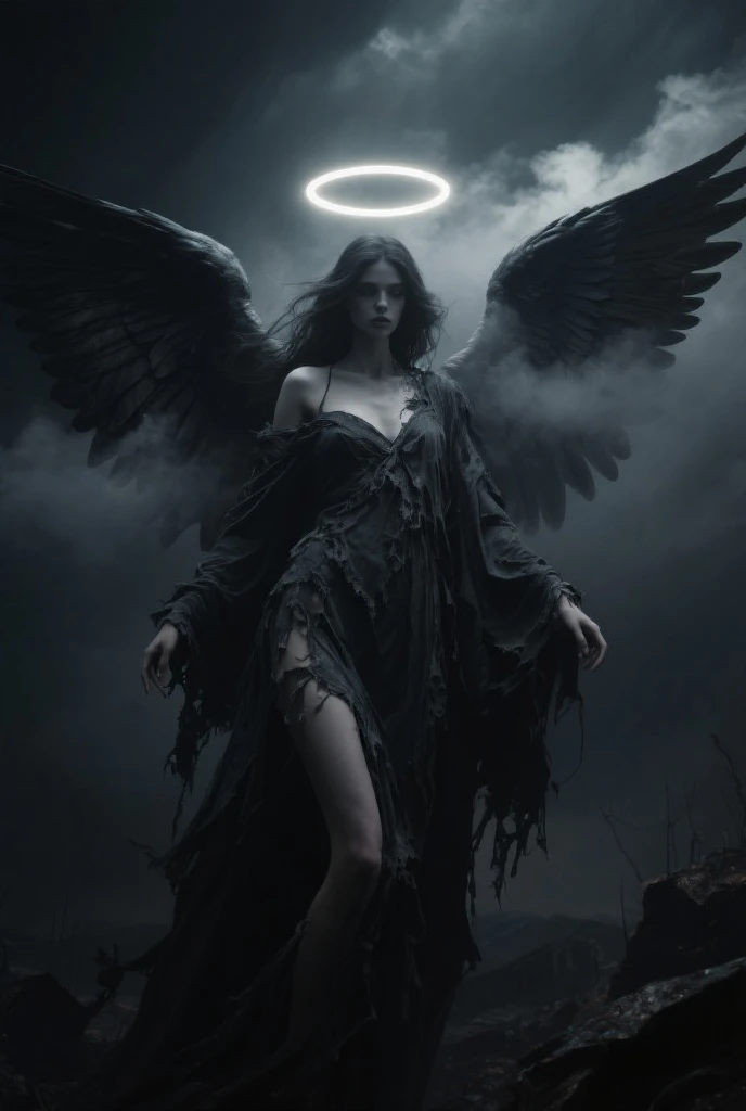(best quality,4k,8k,highres,masterpiece:1.2),ultra-detailed,(realistic,photorealistic,photo-realistic:1.37),angel with bleeding wings,gory feathers flowing,glowing halo,tears of blood,shimmering ethereal presence,dark and haunting,ominous clouds,desolate graveyard,sad and mournful expression,faint whispers in the wind,heavy rain pouring,striking contrast of light and darkness,broken chains of bondage,angelic figure radiating anguish,stormy atmosphere,heavenly sorrow,ominous aura,powerful symbolism,intricate details of feathers,blood stains on the ground.