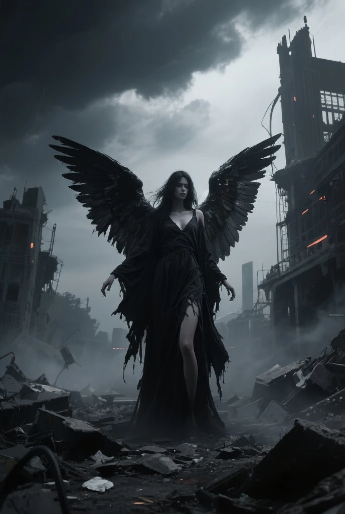 Una mujer con un vestido blanco con alas caminando por una ciudad destruida, super wide angel, Villainess has black angel wings, beautiful cyborg angel girl, Angel with black wings, fallen angel, epic angel wings, wide angel, big angel wings wide open, beautiful female angel, wide angel shot, angel protecting woman, dark angel, angel knight gothic girl, girl with angel wings