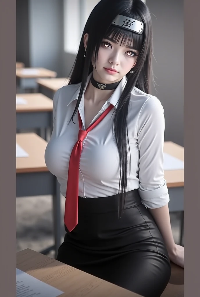 (8K,high resolution,Masterpiece, best quality, alone, complicated details, Chromatic aberration), realistic, ((Moderate breath)), hair in one eye,purple eyes, round hoop earrings, sharp eyes, Diamond-encrusted choker, (symmetrical eyes),(Perfect symmetrical body),Photo of a beautiful 21 year old teenage girl,(fit the body), ,Beautiful and charming with contemporary fashion paintings as well...., looking at the audience, ((In the background of a large classroom)), (black short skirt), ((The young woman wore a form-fitting white short-sleeved shirt., Unbuttoning the buttons, Revealing a little breast,Blue short sleeve lab coat)), ((A short black pencil skirt with a deep slit on the side..)), belt, ((Put your hands down.)),Blonde hair, Bob, long hair, Lateral smoothness,,copper blonde hair, sit, sharp eyeliner, Eye shadow blush with thick eyelashes, Very delicate and beautiful, round chin, Sharp focus, elegant,sit on the study table Lift one leg to eye level., The legs are slightly separated..,dynamic gesture,