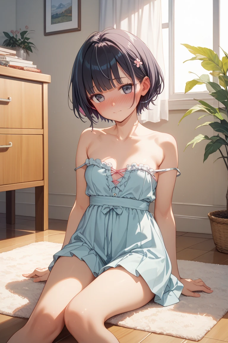 Black Hair、Very Short Hair、Light grey eyes、(Tanned brown skin)、((Dark Skin))、Flat Chest、thin、small、(Primary school students)、(Red bangs hairpin),(((Transparent raincoat))),(((White micro bikini))),Night Road、As if looking up from below、Embarrassing、Sit with your knees bent、Squat down and spread your legs,(barefoot)