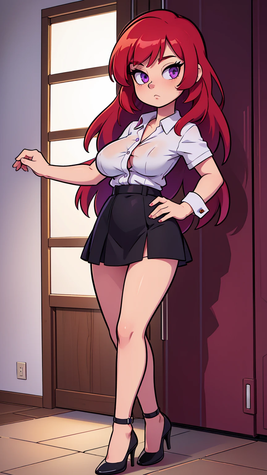 ((1 girl)), ((alone)),Yoko Littner, ((Extremely detailed CG unity 4k wallpaper)), (Masterpiece), (ultra quality), (Ultra detailed), (best illustration), ( best shadow ), (extremely detailed), looking at viewer, (absurdities), (detailed background), curvy body, dynamic pose, cowboy photo, large breasts, medium waist, wide hips, medium thighs, round butt,(( hair ornament, skull ornament, long hair, ponytail, red hair, long hair, yellow eyes, smile, closed mouth), ((glasses on the face, red glasses white formal shirt:1.3, long sleeve shirt , cleavage:1.4, black black skirt:1.4,short skirt:1.3,tight skirt:1.3, black pantyhose:1.3, smile,mouth closed)), seductive, Standing, cowboy photo, backlight, ((solo )), ((Standing:1.4, indoor, school, classroom, desk, window, sunset, (sexy smile, sexy pose: 1.4), Arms crossed, arms under breasts, )), looking forward, ((focus on breasts)), pov: (from middle ), perfect anatomy, perfect hands