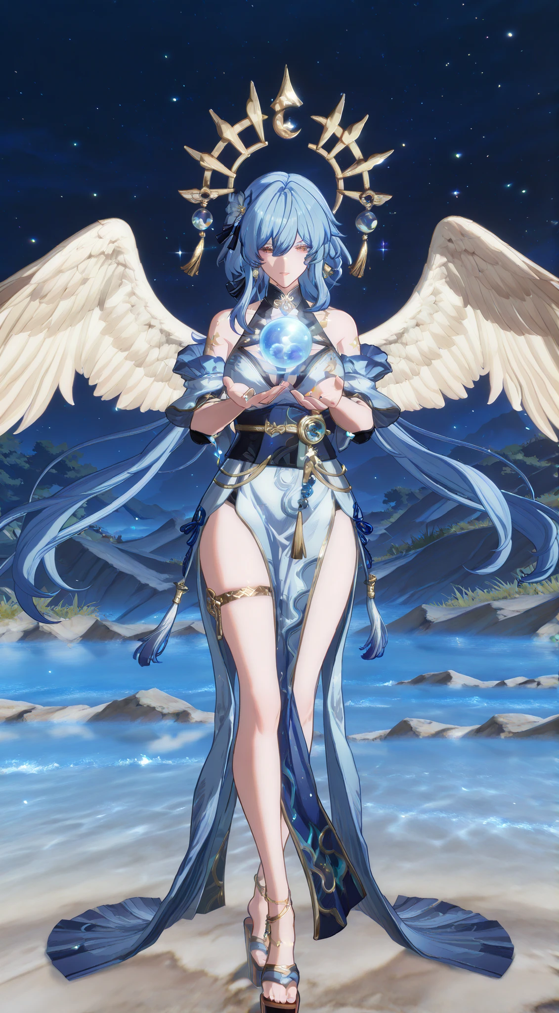 Create a fantasy scene featuring an ethereal figure with large, majestic wings made of white feathers. The character has flowing blue hair and is adorned in a shimmering gown that reflects hues of blue and white. She is holding a glowing orb, surrounded by floating sparkles and elements of nature, such as gentle waves and delicate flowers. The background should depict a dreamy night sky filled with stars and a softly shimmering body of water, enhancing the magical atmosphere of the scene. Include gentle creatures, such as a mystical fox and fish, to complement the enchanting theme.