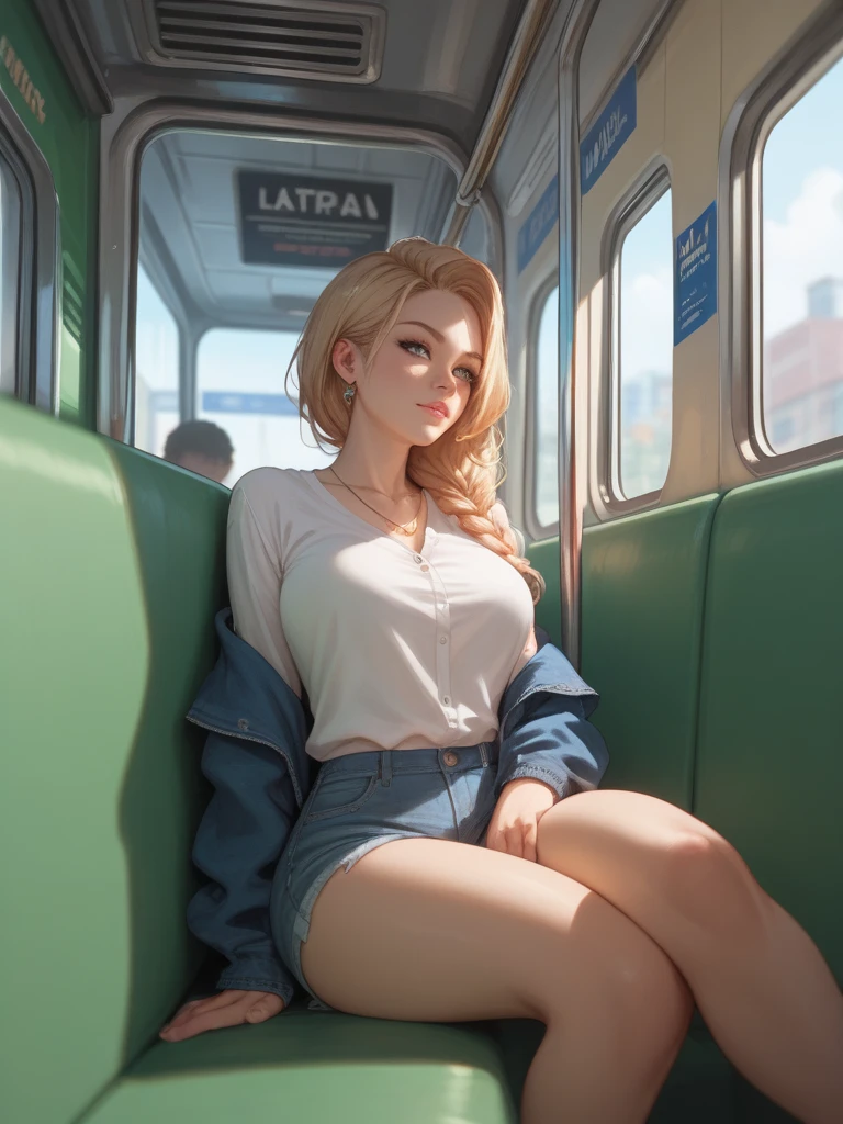 pov, brown long hair, girl, red shirt, orange pants, bangs, 3d, skinny, inside a train, sitting, crossed legs, dick flash, handjob, foreskin, facing away, close up, looking at viewer