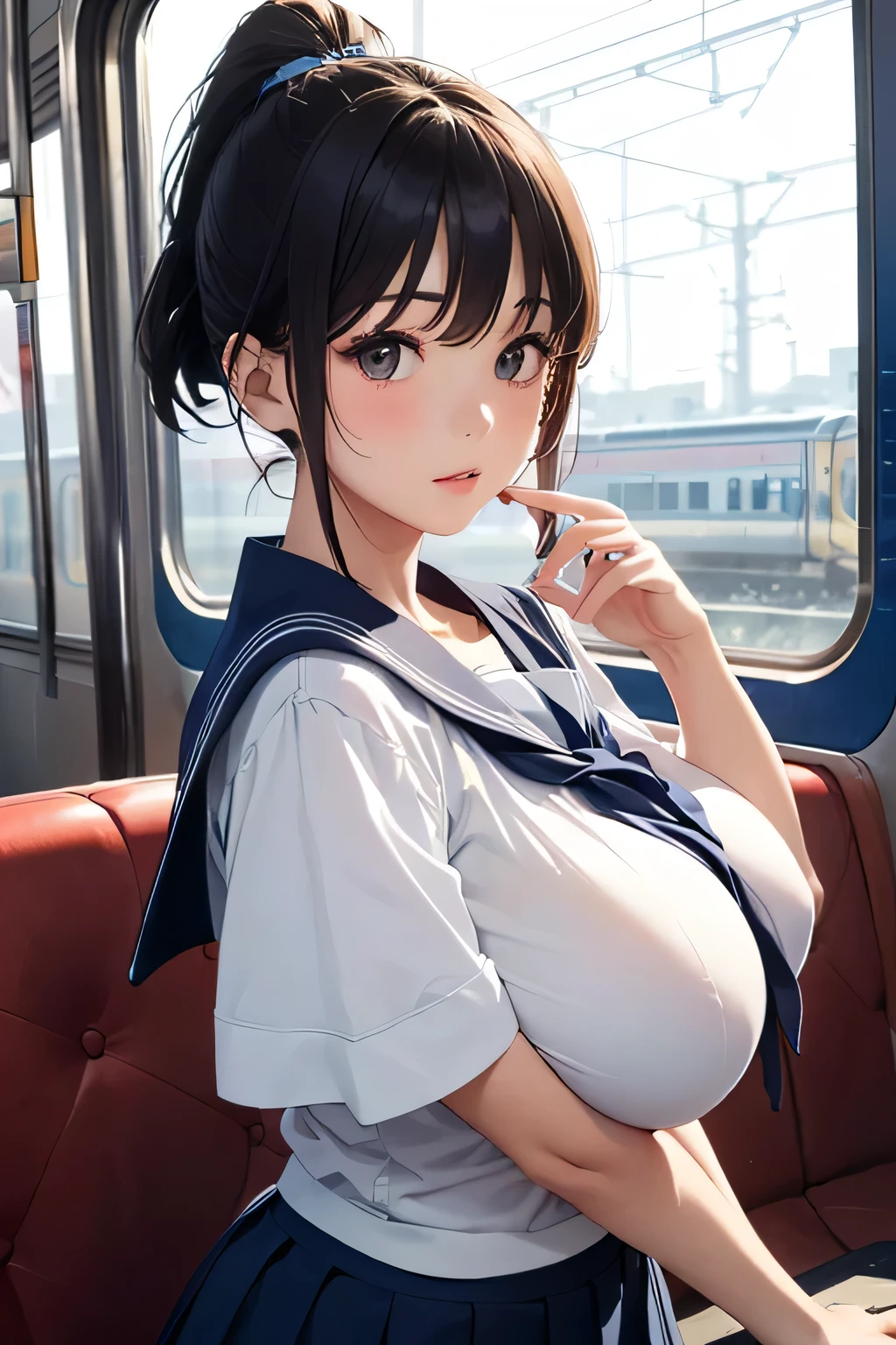 masterpiece, best quality, extremely detailed cg unity 8k wallpaper, high-quality, ultra-detailed, depth of field,beautiful detailed skin, beautiful detailed body,beautiful detailed eyes,sparkling eyes,drooping eyes,beautiful detailed face,cute face,1 mature women,kneeling,dark hair,yellow eyes,(sailor uniform,(white short sleeve shirt,navy blue collar,(red chest ribbon:0.9),mini skirt)),large breasts,on the train,(white panties),medium thighs,(cleavage cut out:1.2),open legs,lift clothes,white bra,(undressing:1.2),(1boy,penis:1,5),fellatio,nsfw,