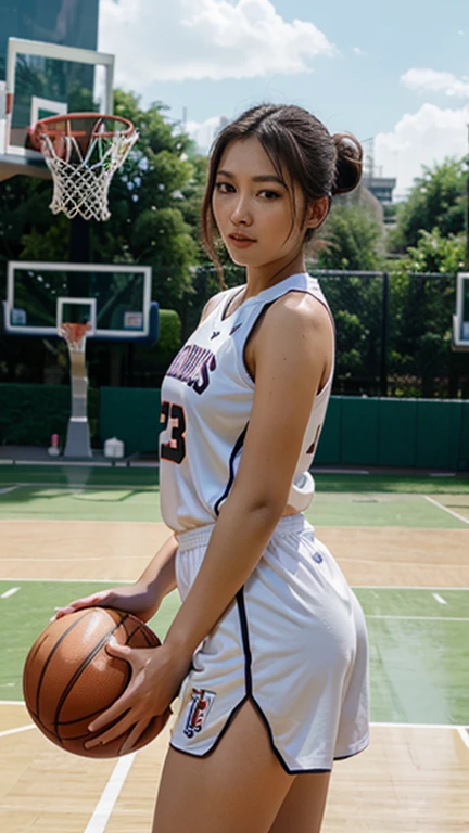 Beautiful african woman, she has brunette layered long hair, she is wearing basketball jersey, she is a basketball player, thick thighs, big butt, in forest